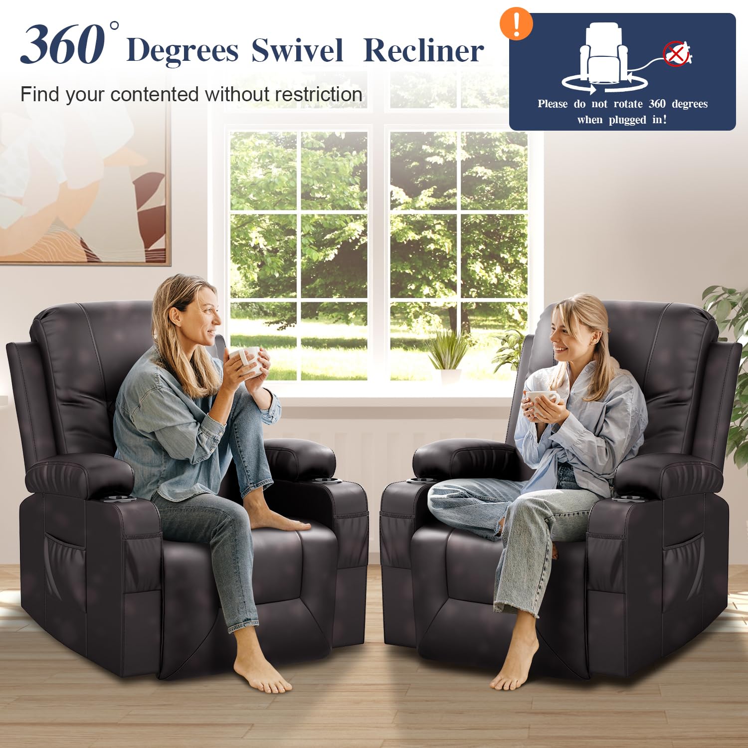 Recliner Chairs for Adults, FSC Certified Massage Reclining Chair with Heated Modern, Ergonomic Lounge Single Reclining Sofa Seat with Cup Holder & Pocket, Living Room Lounge Recliners Black