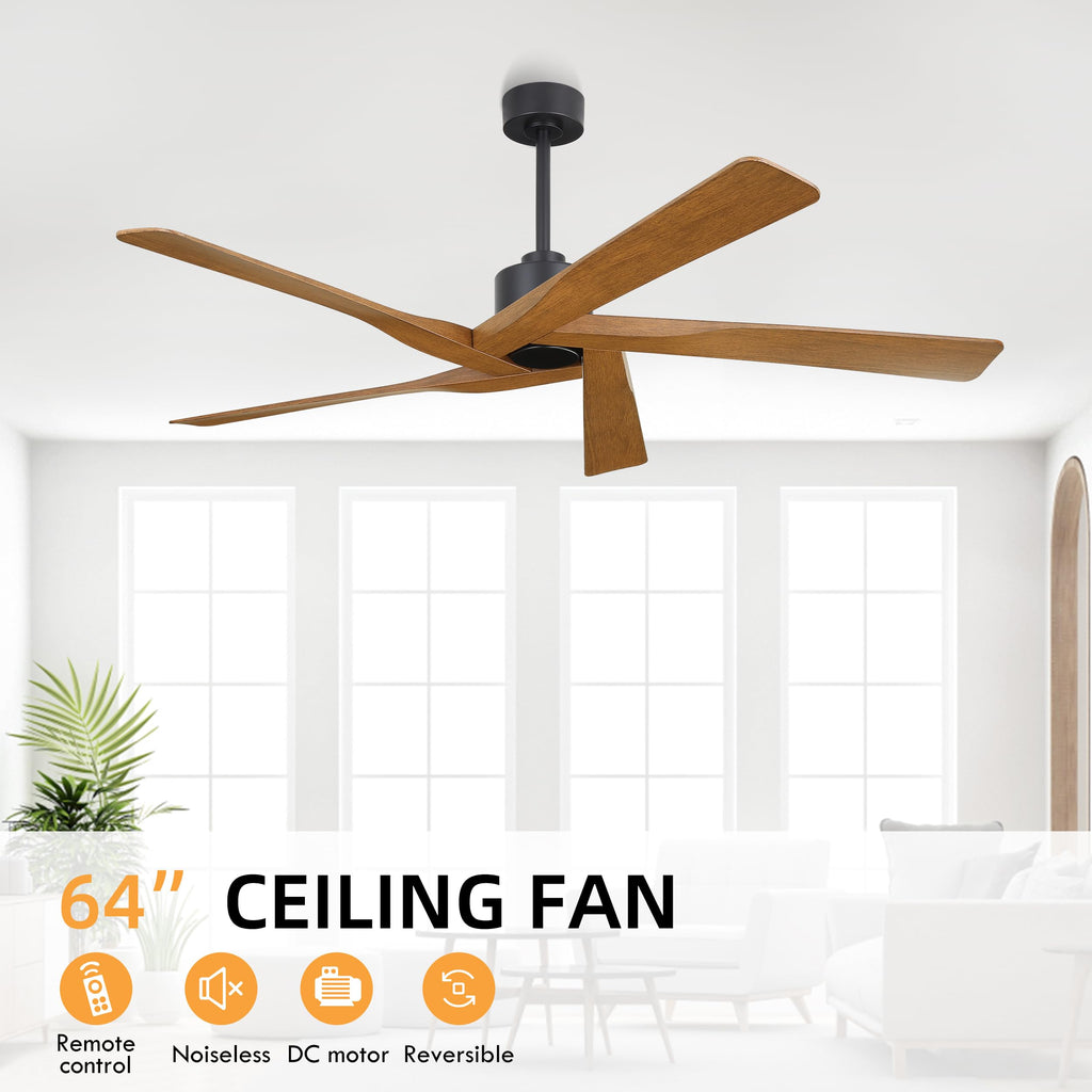 WINGBO 54" ABS DC Ceiling Fan No Light, 5 Blade Wood Grain ABS Ceiling Fan with Remote, 6-Speed Reversible DC Motor, Ceiling Fans without Light for Kitchen Bedroom Living Room, Antique Nickel and Grey