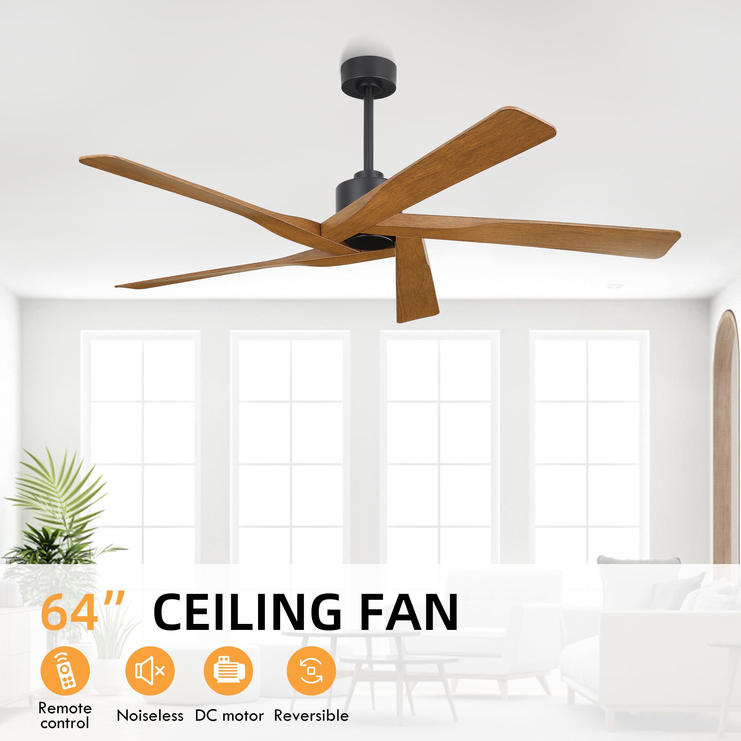 WINGBO 54" ABS DC Ceiling Fan No Light, 5 Blade Wood Grain ABS Ceiling Fan with Remote, 6-Speed Reversible DC Motor, Ceiling Fans without Light for Kitchen Bedroom Living Room, Antique Nickel and Grey