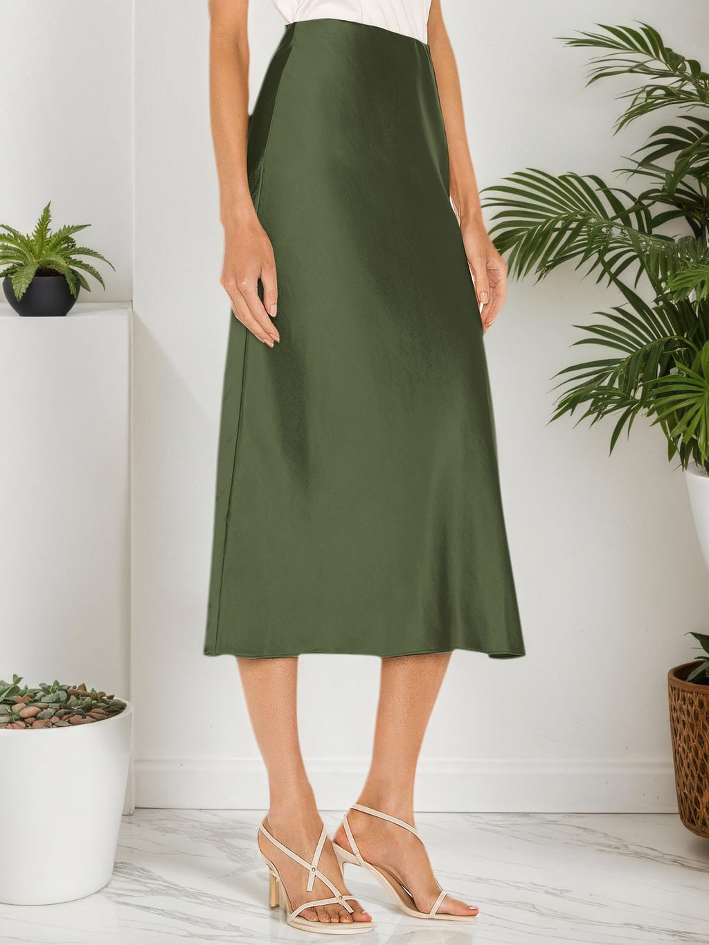 Amy Babe Womens Satin Silk High Waist Slit Midi Skirt Elastic Waistband Midi Skirts for Women