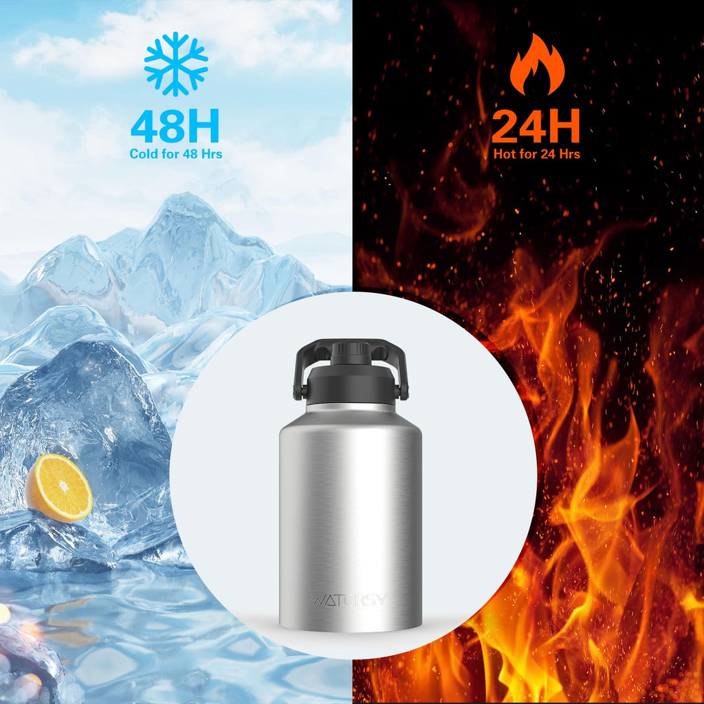 WATERSY Half Gallon Water Bottle Insulated(Cold for 48 Hrs),BPA Free&Leak Proof,64oz Stainless Steel Water Jug/Flask,Big thermo,Large Water Bottle with Handle for Gym,Hiking,Camping,Black