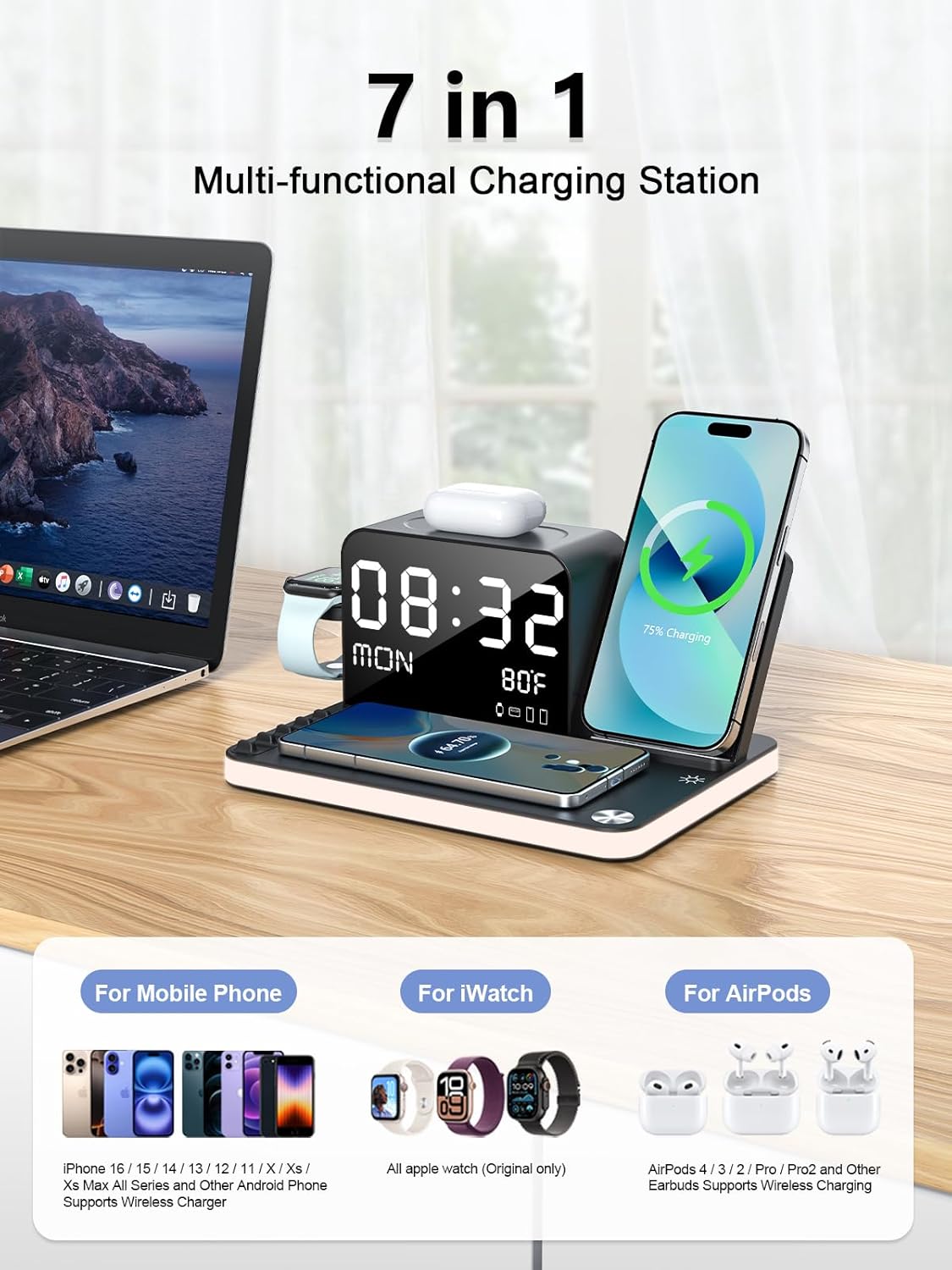 7 in 1 Wireless Charging Station for Apple Device Wireless Charger with Night Light Bluetooth TimeSync Temperature 33W Fast Charger for iPhone 17/16/15/14/13 Pro Max Android Phone Airpods Apple Watch