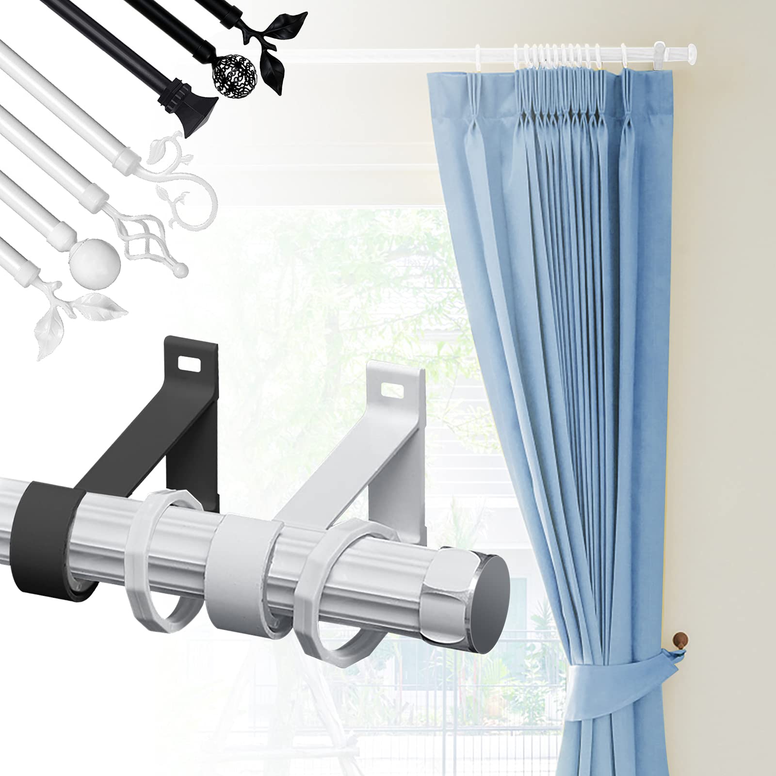 KOLAKO Curtain Rod Brackets, Heavy Duty Black Curtain Rods Holders Hook Hangers for Wall Drapery Rod Bracket Support 1 Inch Rods, 2 Pack