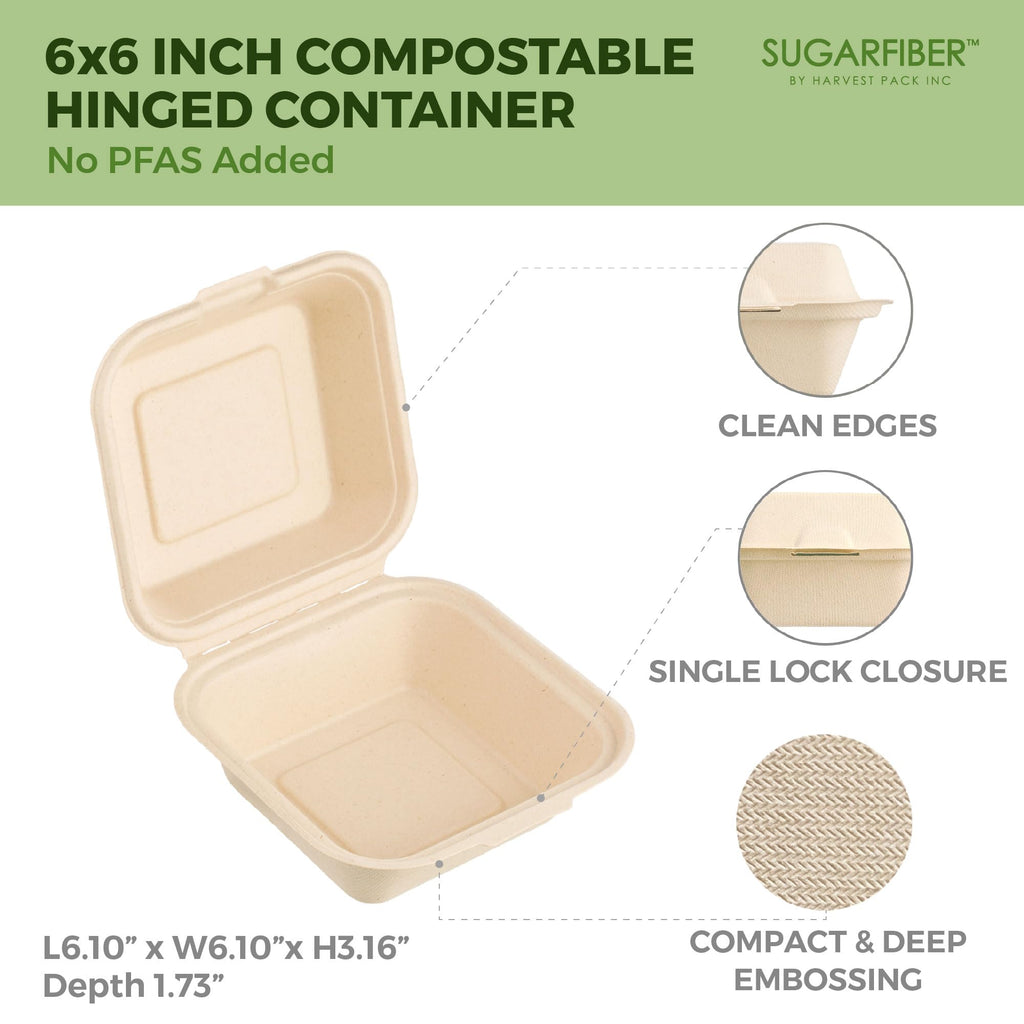 [50 COUNT]Harvest Pack 6 X 6" Compostable Clamshell Take Out Food Containers, PFAS FREE Square To go Containers with Lids, Heavy-Duty Disposable Bagasse Bento Cake Box, Eco-Friendly Sugarcane Fibers