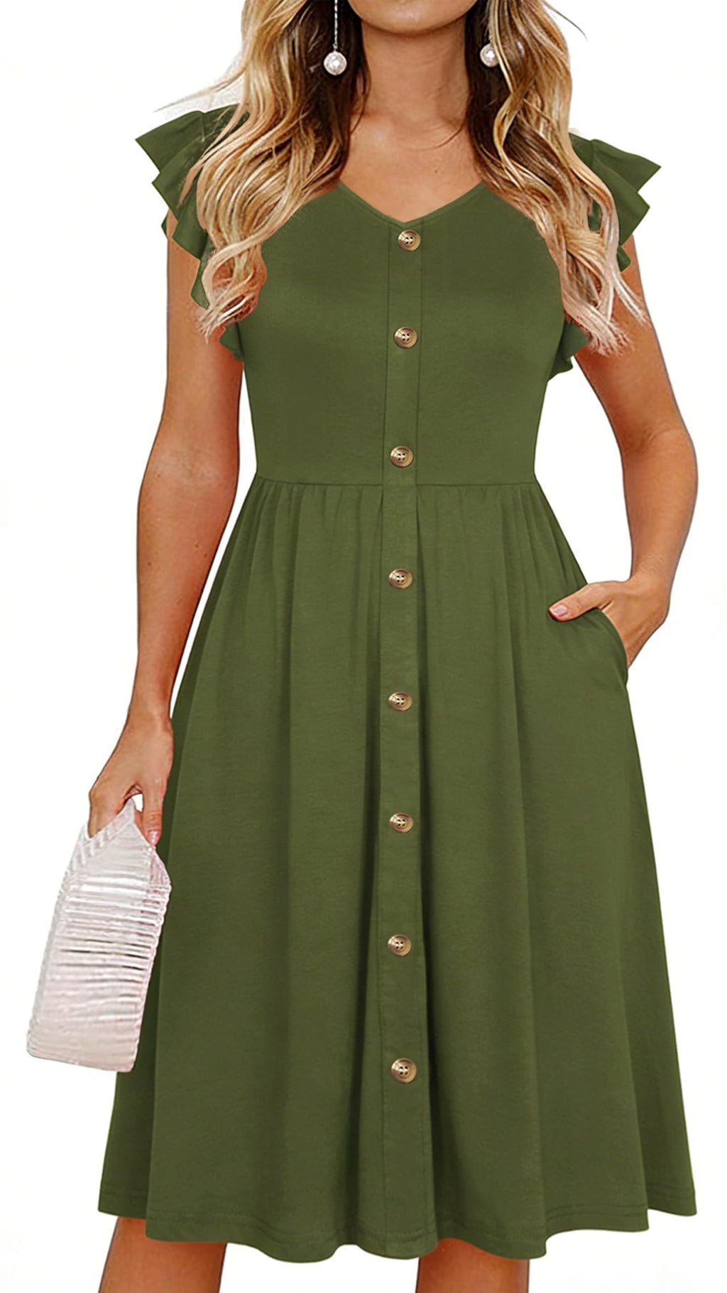 Lamilus Women's Casual Summer Dresses 2026 Ruffle Sleeves V-Neck Button Down Midi Swing Party Dress with Pockets