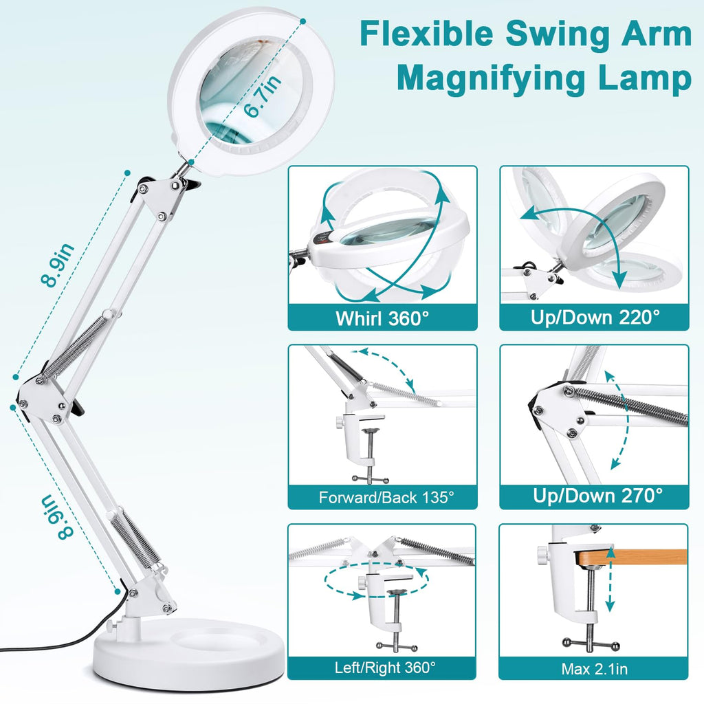 12X Magnifying Glass with Light and Stand, Real Glass, 5 Color Modes, Brightness Stepless Dimmable Lighted Magnifier Hands Free, 2-in-1 Desk Lamp & Clamp Light, Magnifier Lamp for Close Work, Reading