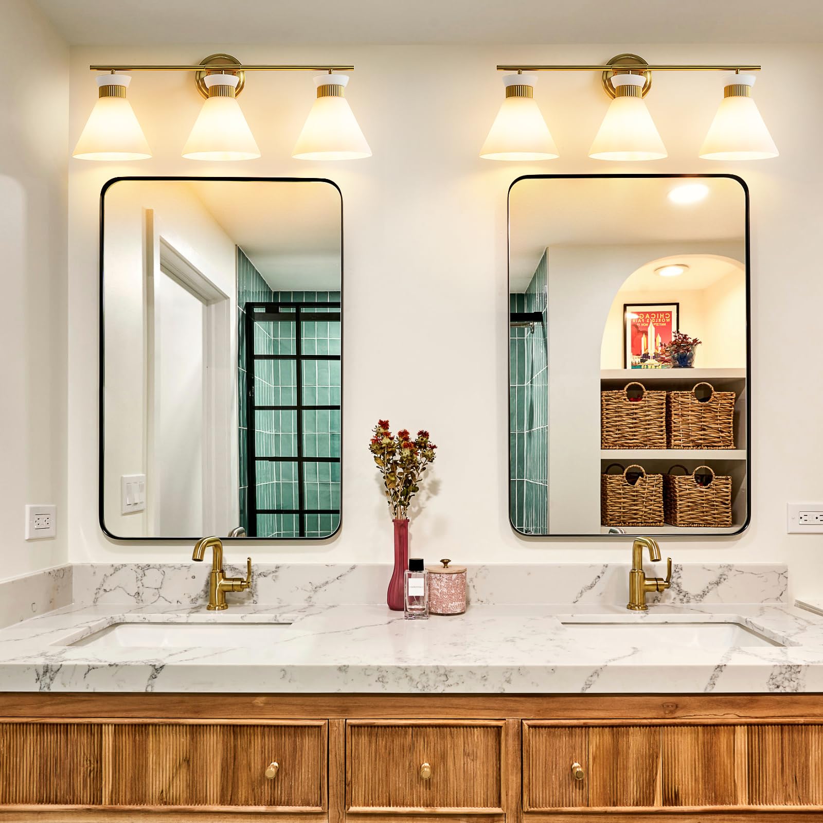 WOSHITU Gold Bathroom Light Fixtures: Modern Vanity Lighting Fixtures 2 Lights for Bathroom Mid Century Vanity Light Sconces Over Mirror with Frosted Milky Glass for Bath Bedroom Makeup