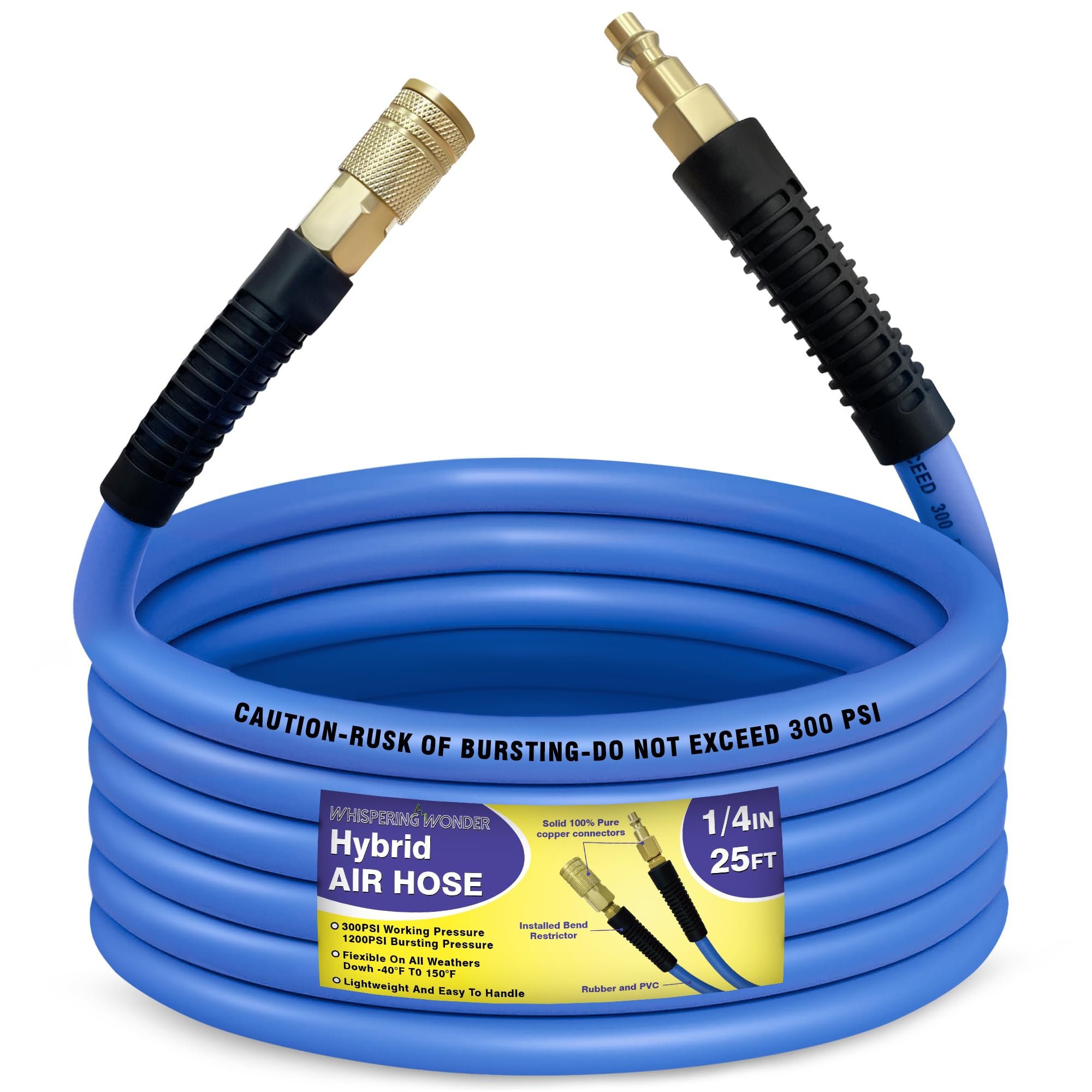 Air Compressor Hose 1/2 in, 300 PSI Heavy Duty Hybrid Air Hose with Quick Coupler and Plug Kit, Lightweight, Kink Resistant, All Weather Flexibility with Bend Restrictors, 6 Feet
