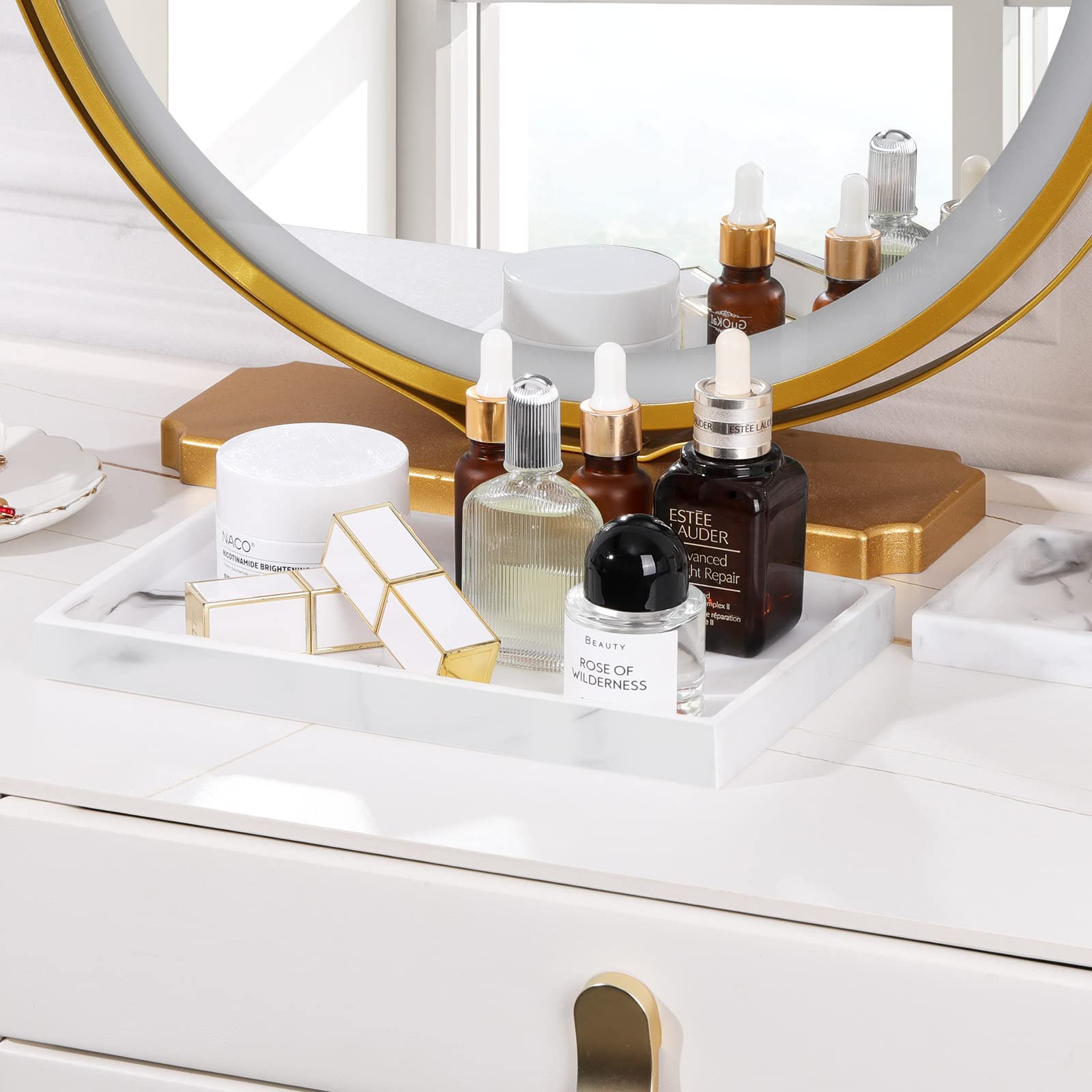 Luxspire Bathroom Vanity Tray, Resin Dresser Jewelry Ring Dish Tank Storage Kitchen Sink Countertop Organizer Plate Holder for Perfume Candles Soap Towel Plant Bathroom Accessories, M, Matte Black