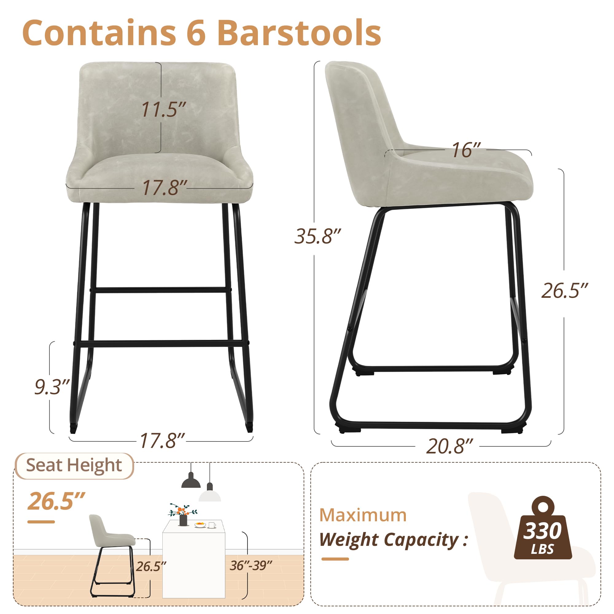 LUE BONA 26 Inch Counter Height Bar Stools Set of 2, Faux Leather Upholstered Barstools, Barstool with Back, Comfortable Bar Chairs, Modern Counter Stools for Kitchen Counter Island