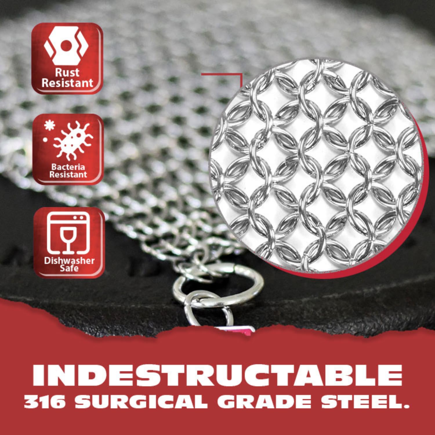 Knapp Made CM Scrubber 4" x 4" Small Ring Chainmail Cast Iron Scrubber, Premium Stainless Steel Mesh Cleaner for Pre-Seasoned Pans, Dutch Ovens, Grills and Skillets