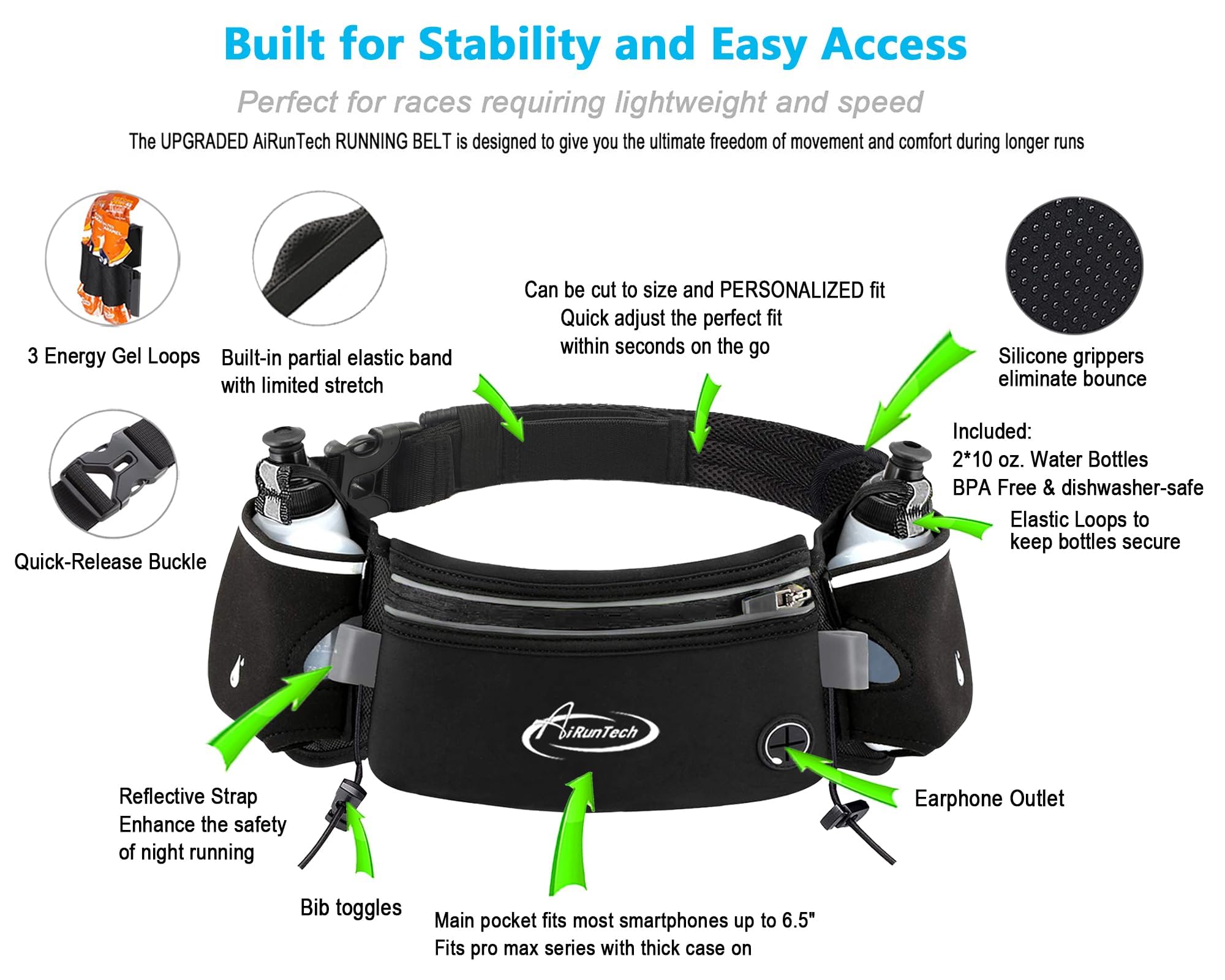 AiRunTech Hydration Running Belt with Water Bottle, Running Fanny Pack for Phone and Wallet Holder, Running Bag Runners Essentials Accessories Marathon Triathlon Walking Jogging Gear Gift