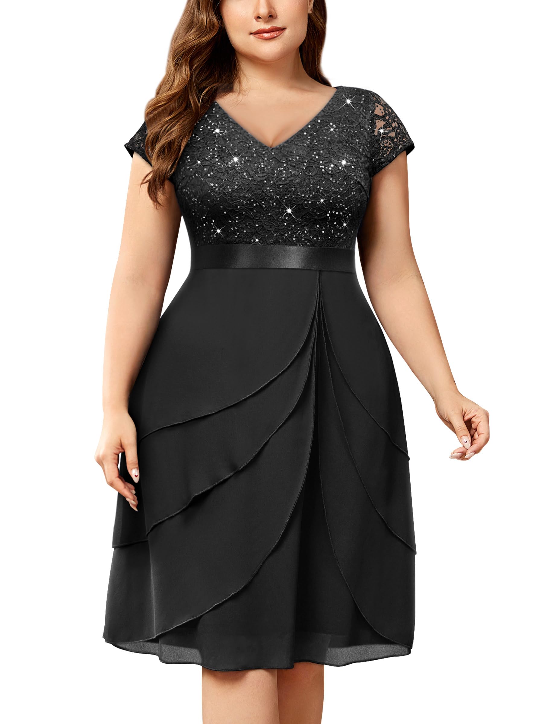Miusol Women's Plus Size Sequin Lace V Neck Ruffle Tiered Chiffon Cocktail Party Dress