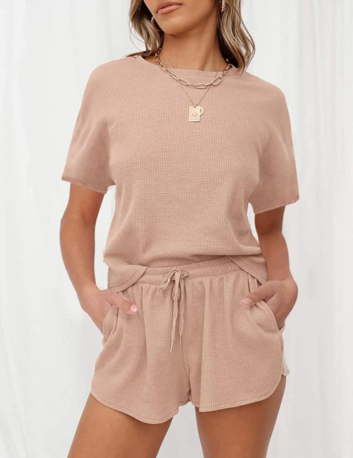 MEROKEETY Women's Short Sleeve Waffle Pajama Sets Lounge Top and Shorts 2 Piece Tracksuit Outfits