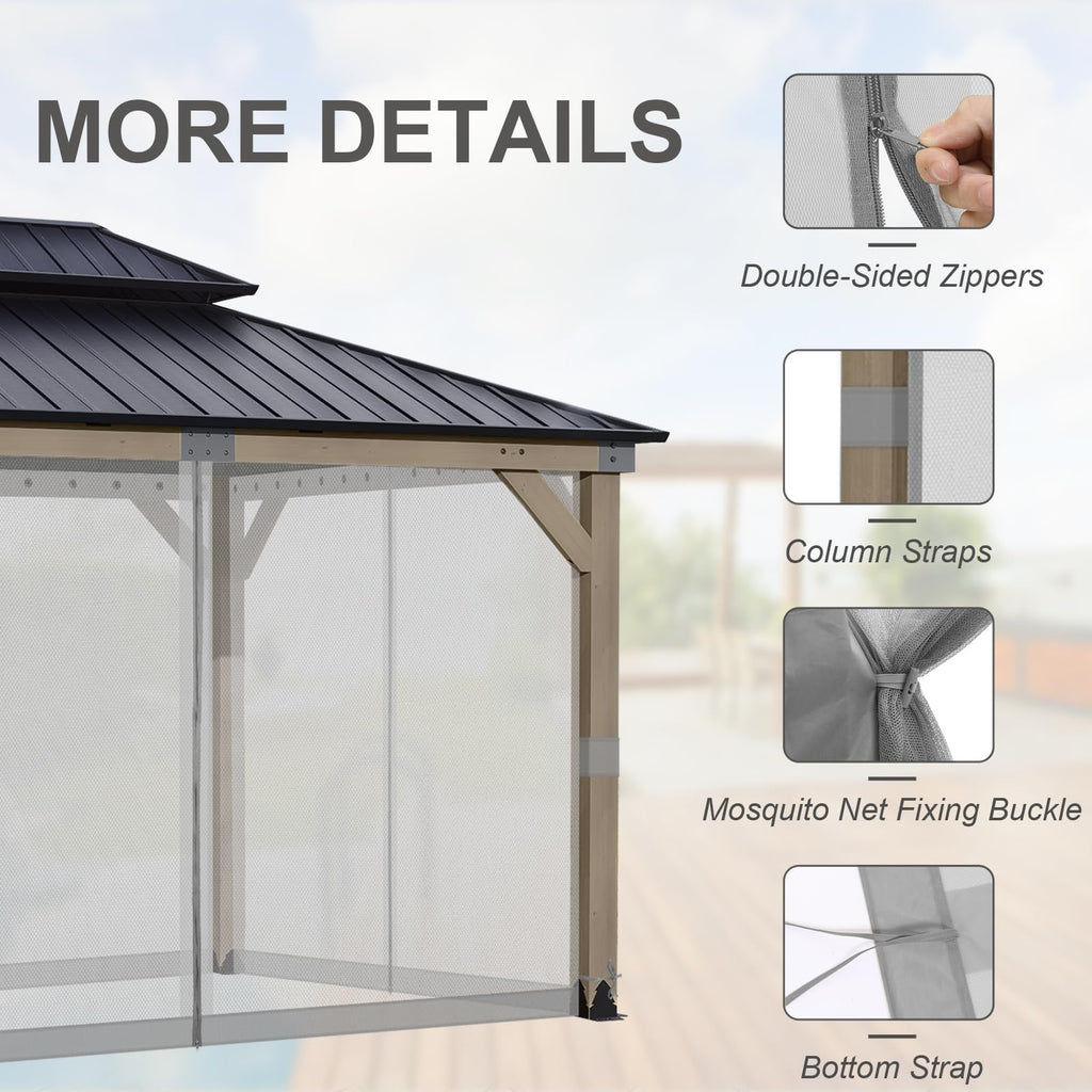 BPS 10' x 10' Gazebo Universal Mosquito Netting Screen Replacement, 4-Panel Mesh Screen Walls with Double Zippers for Outdoor Patio, Khaki (Mosquito Net Only)