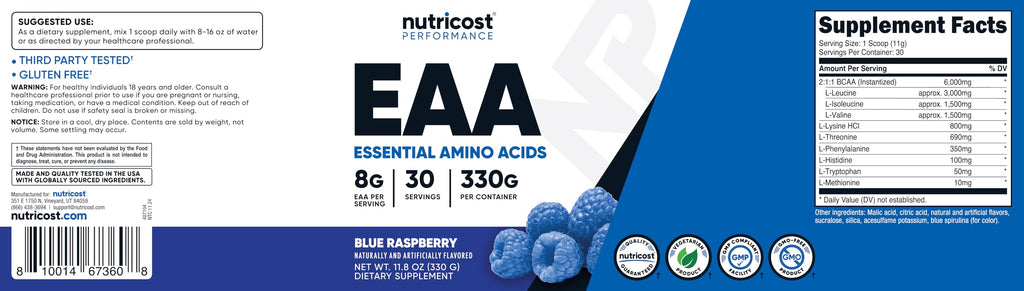 Nutricost EAA Powder 30 Servings (Blue Raspberry) - Essential Amino Acids - Non-GMO, Gluten Free, Vegetarian Friendly