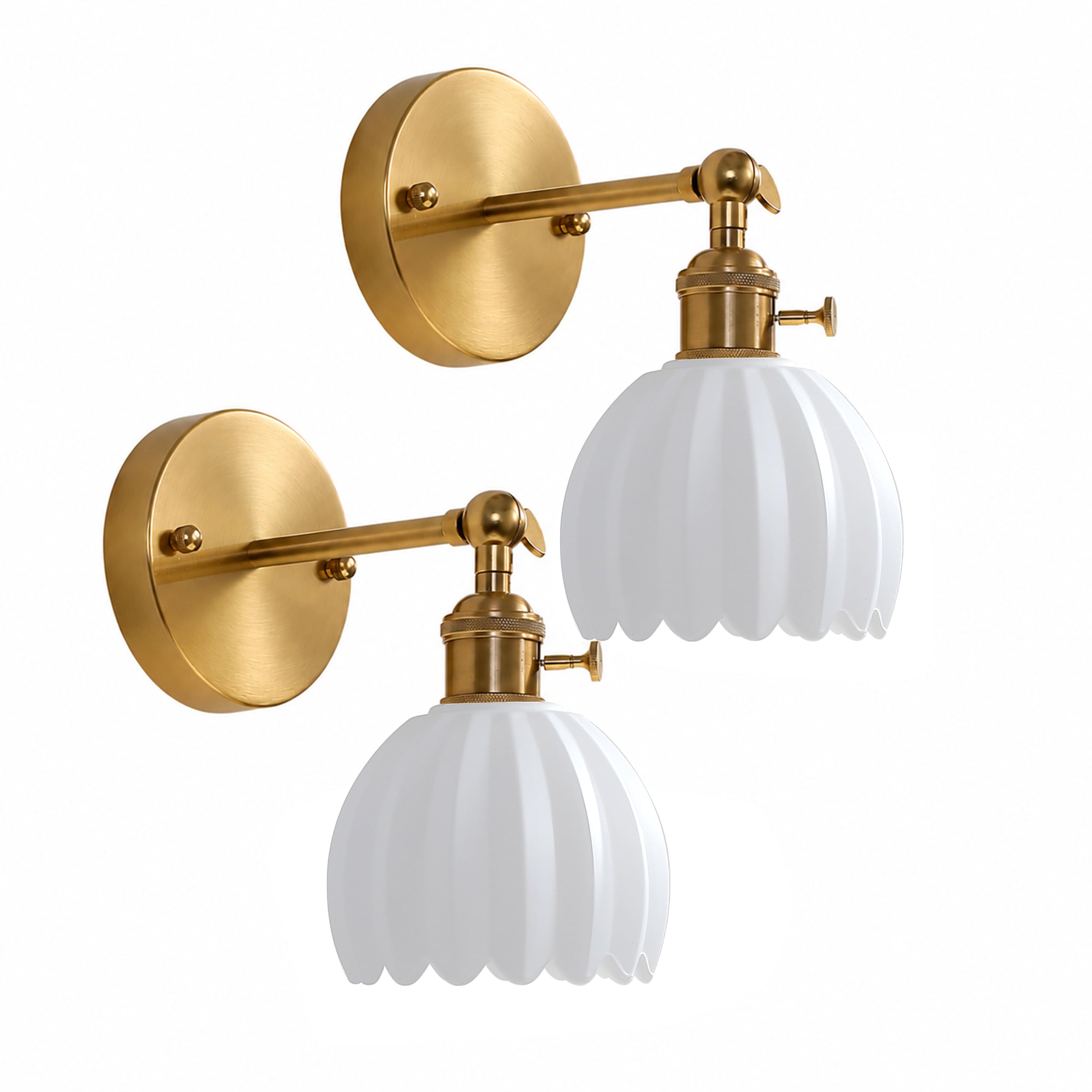 1-Light Gold Brass Bathroom Light Fixture,Wall Sconces set of 2,Brushed Gold Vanlity Light Over Mirror,Bathroom Vanity Light with White Tulip Glass Flower Shade,E26 Socket(Bulbs Not Included)