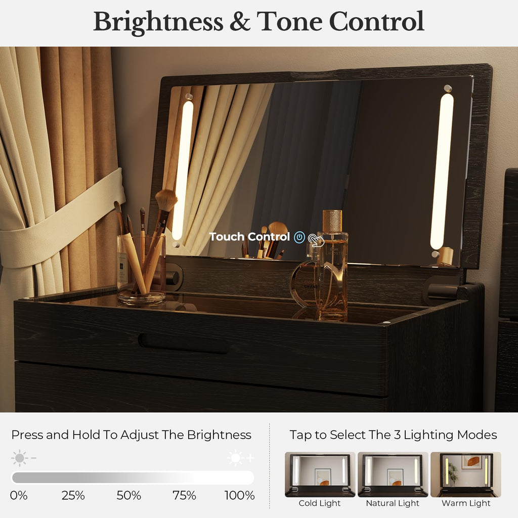 Muwuele Solid Wood Small Vanity Desk with Mirror and Lights, Narrow Makeup Vanity for Small Space, Flip Top Vanity Side Table, 3 Color Modes & Adjustable Brightness, 19.6" Slim Dressing Table, Black