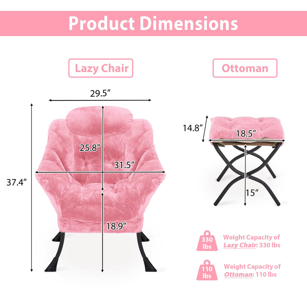 Youtanic Lazy Chair with Folding Ottoman, Accent Chair Velvet Upholstered with Metal Structure and Non-Slip Pads, Sofa Armchair with Footrest and Side Storage Bag for Dorm, Room, Office, Beige