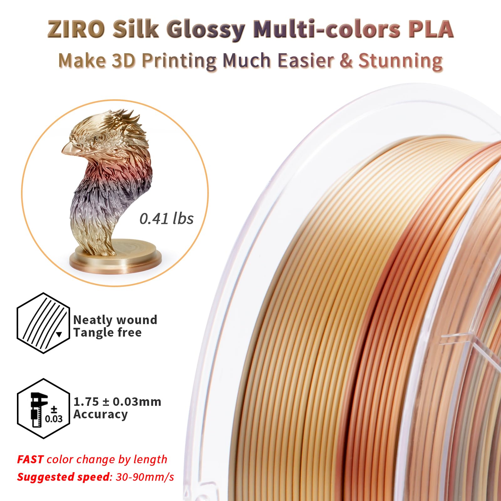 ZIRO Fast Color Change PLA, 1.75mm Color Gradient Filament, Glossy Rainbow PLA Filaments, Fit Most 3D Printer Pen, Shiny Surface 1KG/2.2lbs Spool, Aqua Sky (Silk)