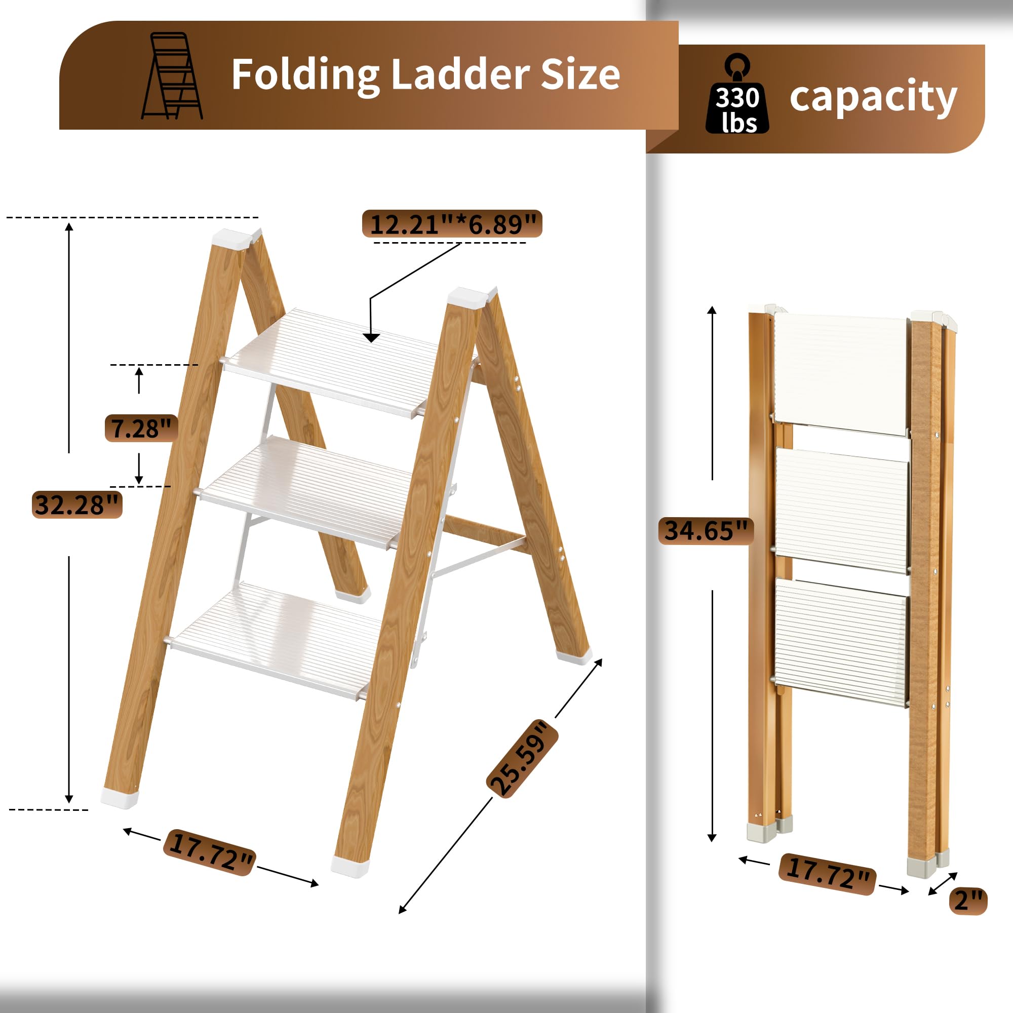 2 Step Lightweight Folding Ladder for Home, 330lbs Aluminum Step Ladder Anti-Slip for Kitchen, Step Stool Foldable Adults for Closet, 330lbs - Black