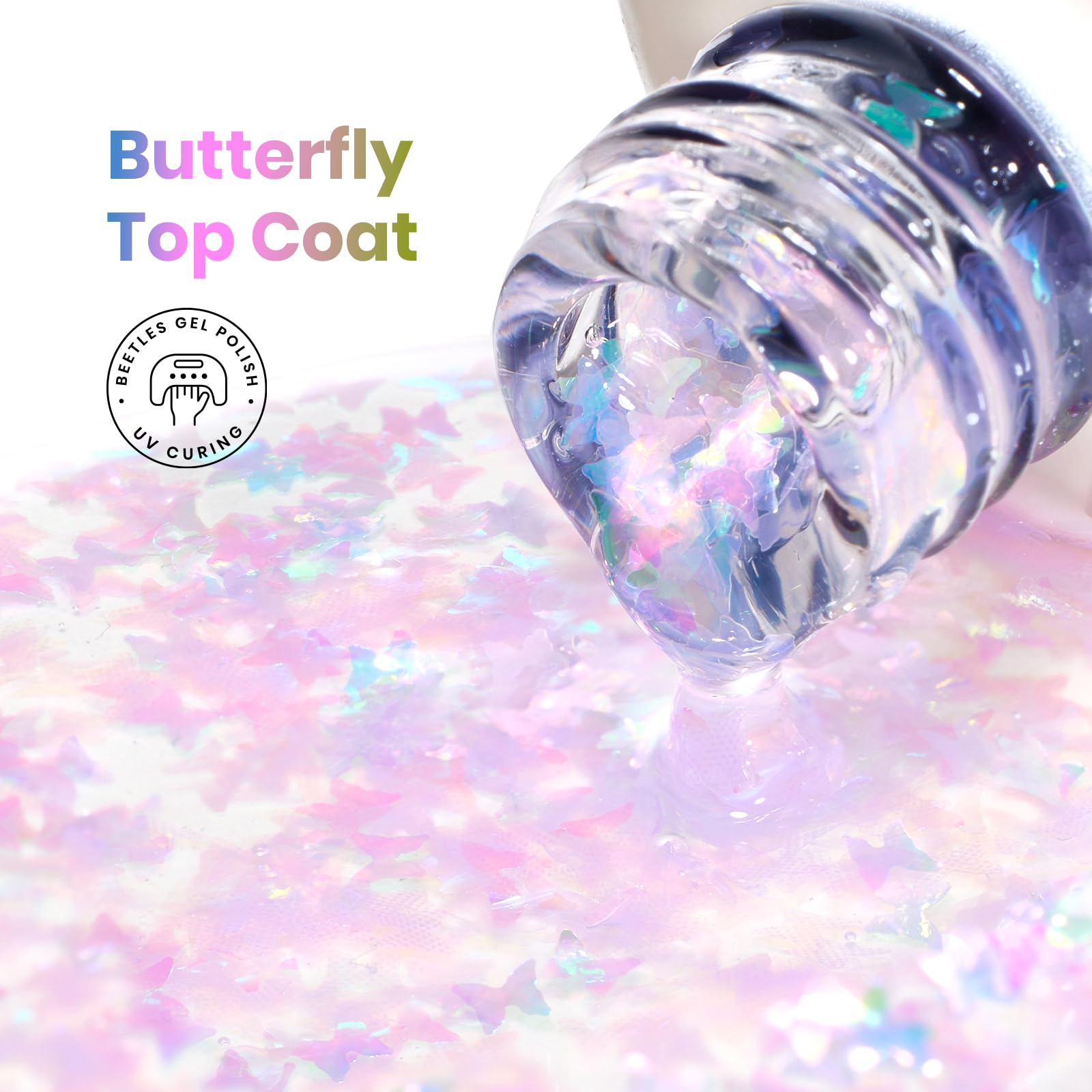Beetles Heart Gel Top Coat 15ml - Hema Free Glitter Shine No Wipe Top Coat Long-Lasting for Gel Polish, Pink Heart Sparkle Soak Off UV LED Gift for Women