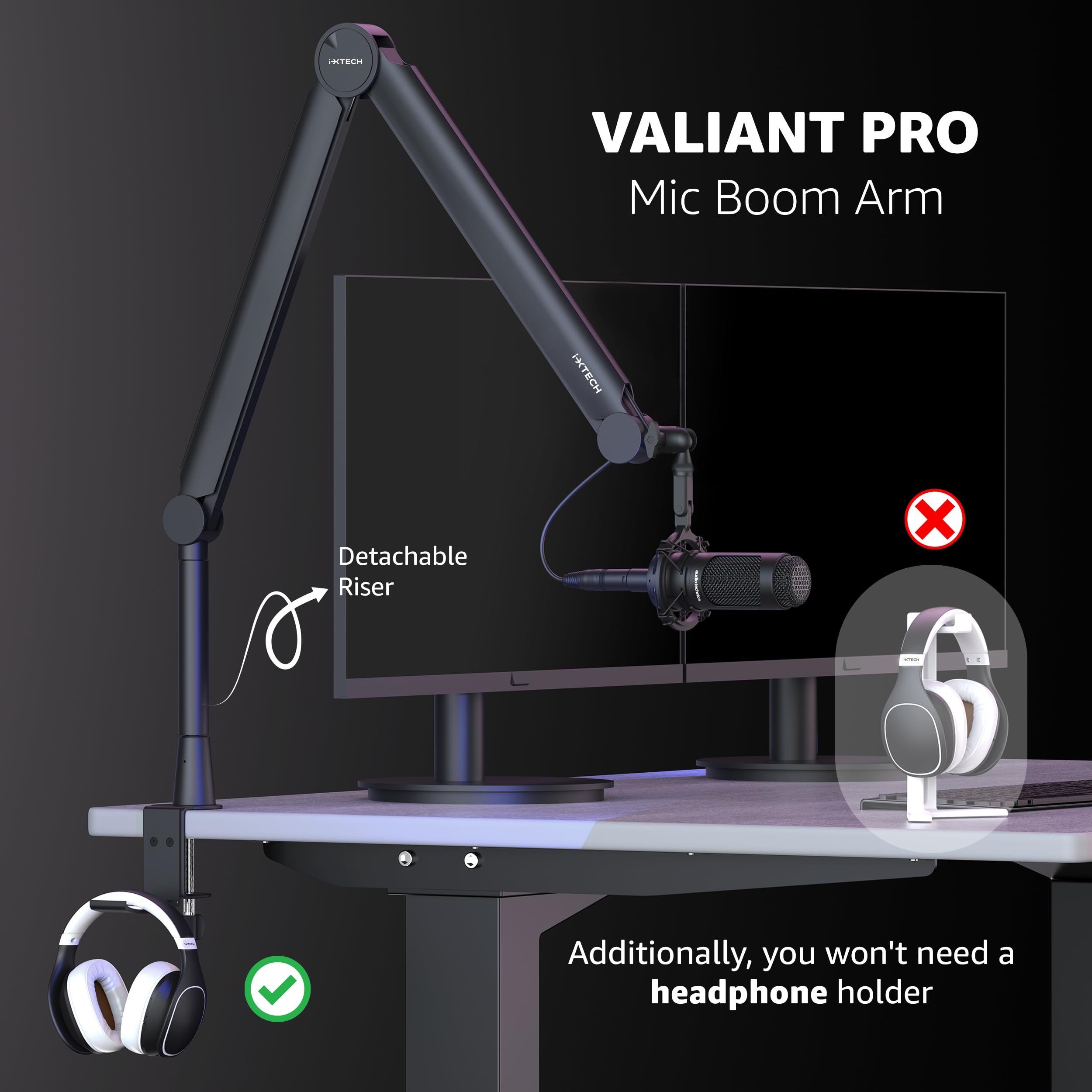 IXTECH Premium Microphone Boom Arm with Desk Mount, 360° Rotatable, Fully Adjustable, for Podcast, Video, Gaming, Radio, Studio, Recording, Sturdy and Universal VALIANT Model