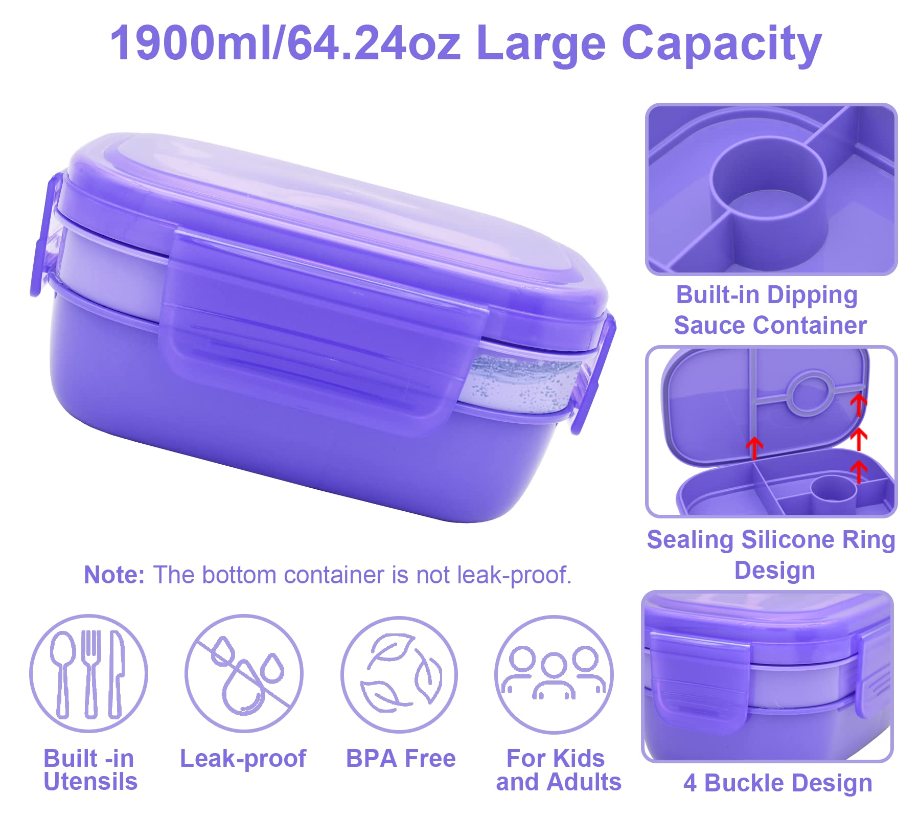 JBGOYON® Bento Lunch Box Set - 3 Stackable Containers for Adults and Kids- Includes Lunch Bag, Leak-Proof and BPA-Free - Built-in Utensil Set and Snack Bag - Dishwasher Safe(Grey Black)