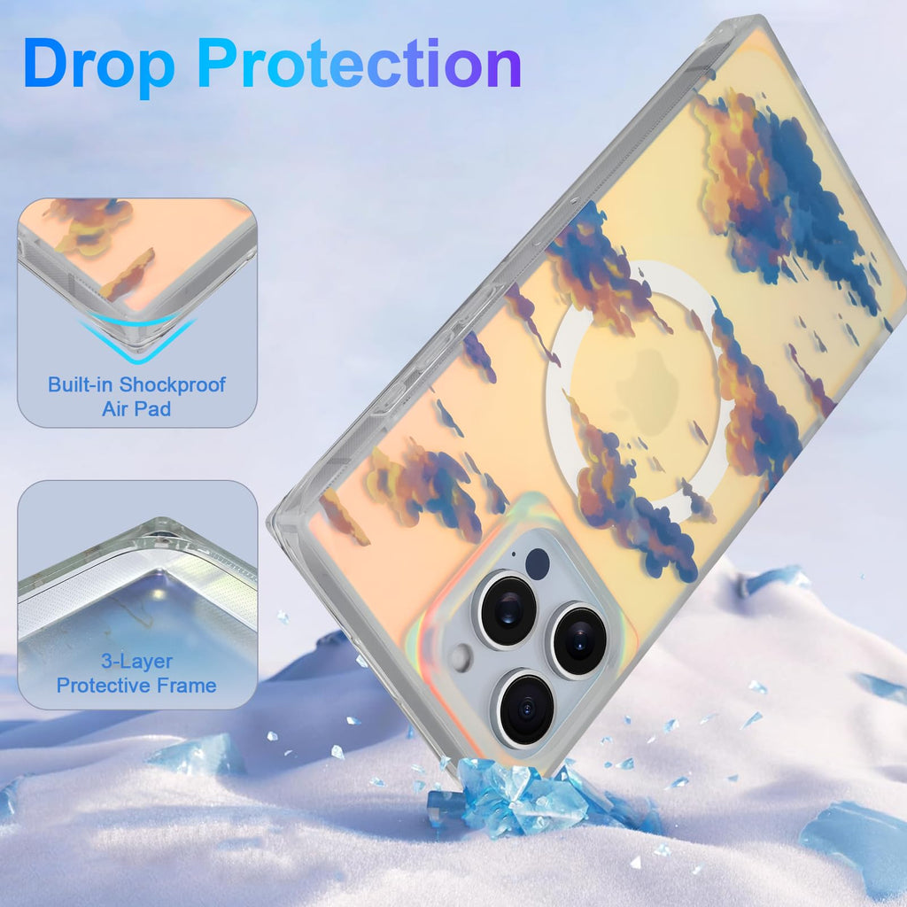 Cute Case for iPhone 13 Pro Case for Women Girls with Iridescent Cloud Pattern Design, Aesthetic Trendy Girly Matte Glitter Sparkly Rainbow Rectangle Protective Phone Cover, Sun Set Sky