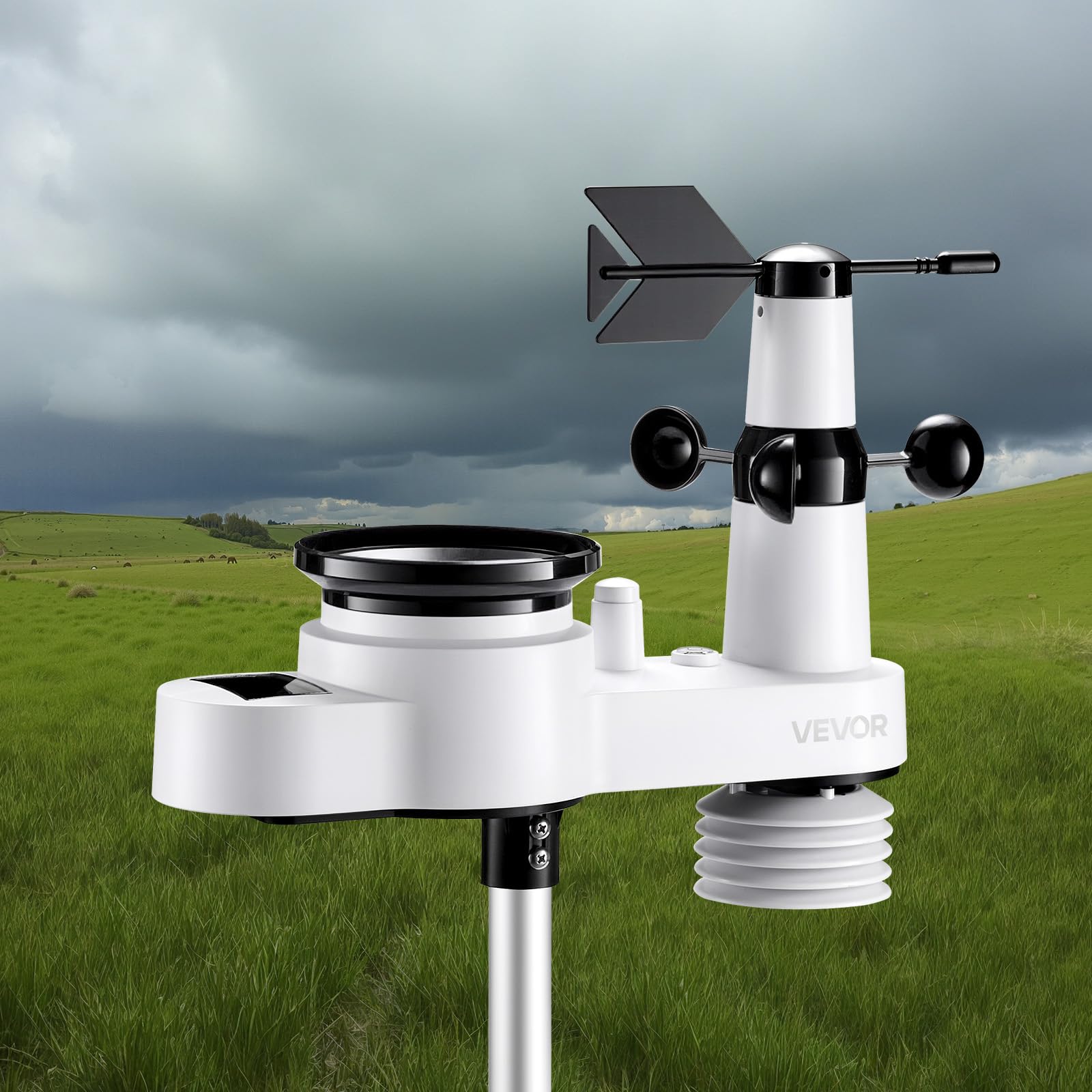 VEVOR 5-in-1 Wireless Weather Station, 7.5-Inch VA Display, Solar Powered Outdoor Sensor, Rain Gauge, Indoor Outdoor for Weather Forecast, Temperature, Humidity, Wind Speed and Direction (No WiFi)