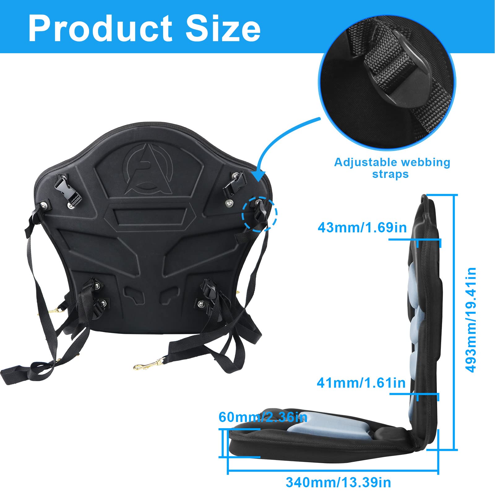 Kayak Seat Deluxe Padded Fishing Boat Seat Deluxe Sit-On-Top Canoe Seat Cushioned - Comfortable Backrest Support Universal Sit with Adjustable Back Strap Detachable Storage Bag