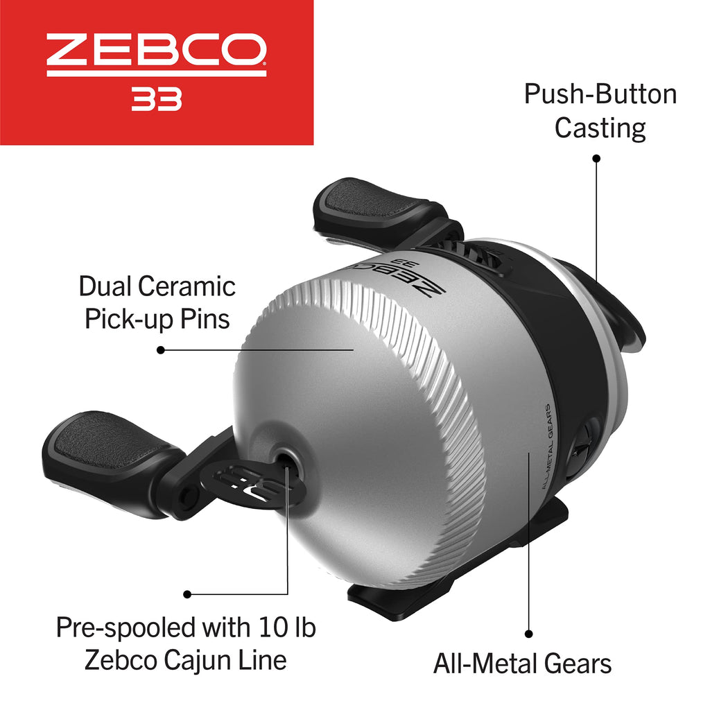 Zebco 33 Spincast Fishing Reel, Changeable Right or Left-Hand Retrieve, Built-in Bite Alert, All-Metal Gears, Pre-Spooled with Zebco Cajun Line