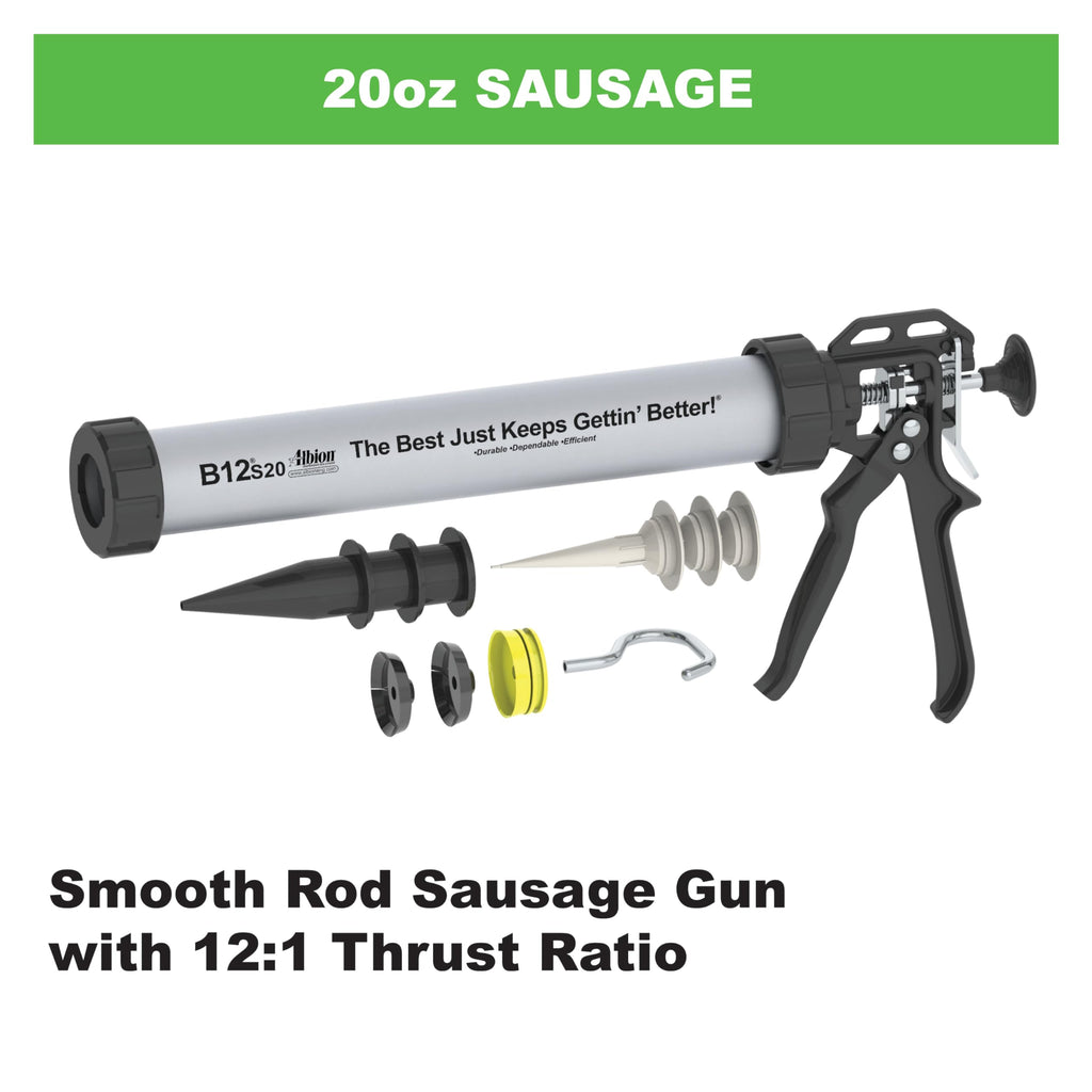 Albion Engineering E12S20 B-Line Cordless Sausage Caulking Gun, No Drip, 12V, 20 oz