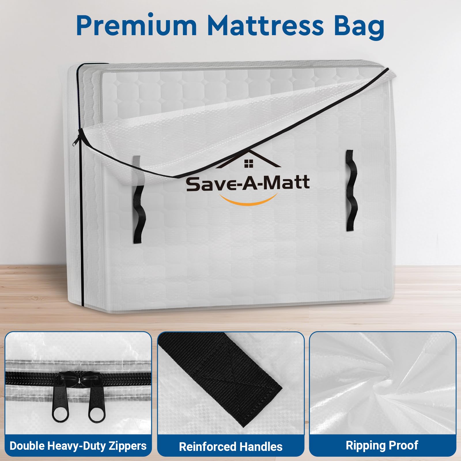 SaveAMatt Mattress Bags for Moving -Extra Thick Queen Mattress Storage Bag, 8 Strong Handles & Reinforced Stitching, Waterproof Reusable Clear Mattress Cover Protector (82’’x63’’x15’’ Queen Size)