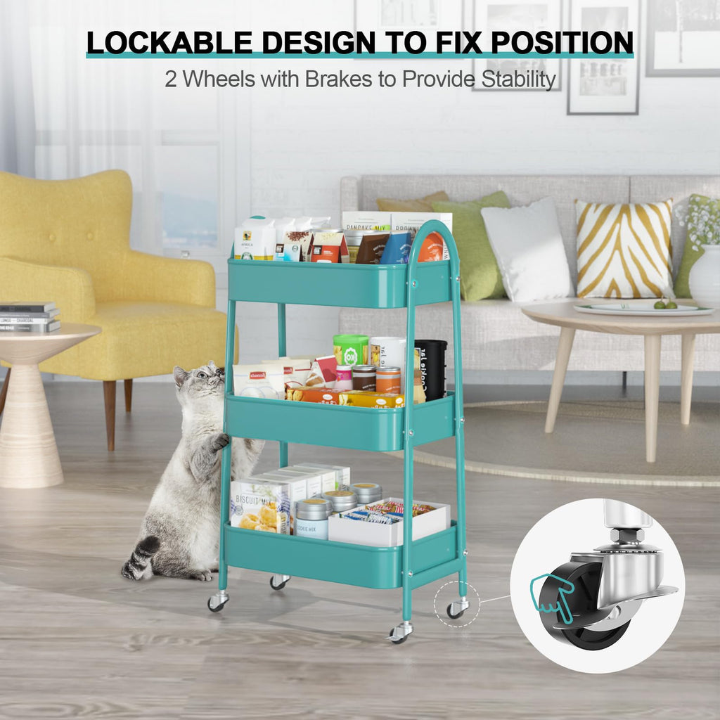 EAGMAK 3 Tier Rolling Cart, Large Metal Storage Cart with Handle and Lockable Wheels, Big Multifunctional Storage Organizer Trolley with Mesh Baskets for Kitchen, Living Room, Office, Garage (Beige)