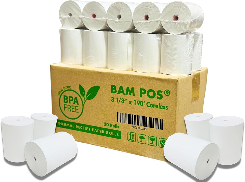 BAM POS 3 1/8" x 190' Thermal Receipt Paper Rolls For Most POS Systems and Receipt Printers, Compatible With Clover Station, Square Station, Toast Station, TM-T88, TSP Series (30 Rolls)
