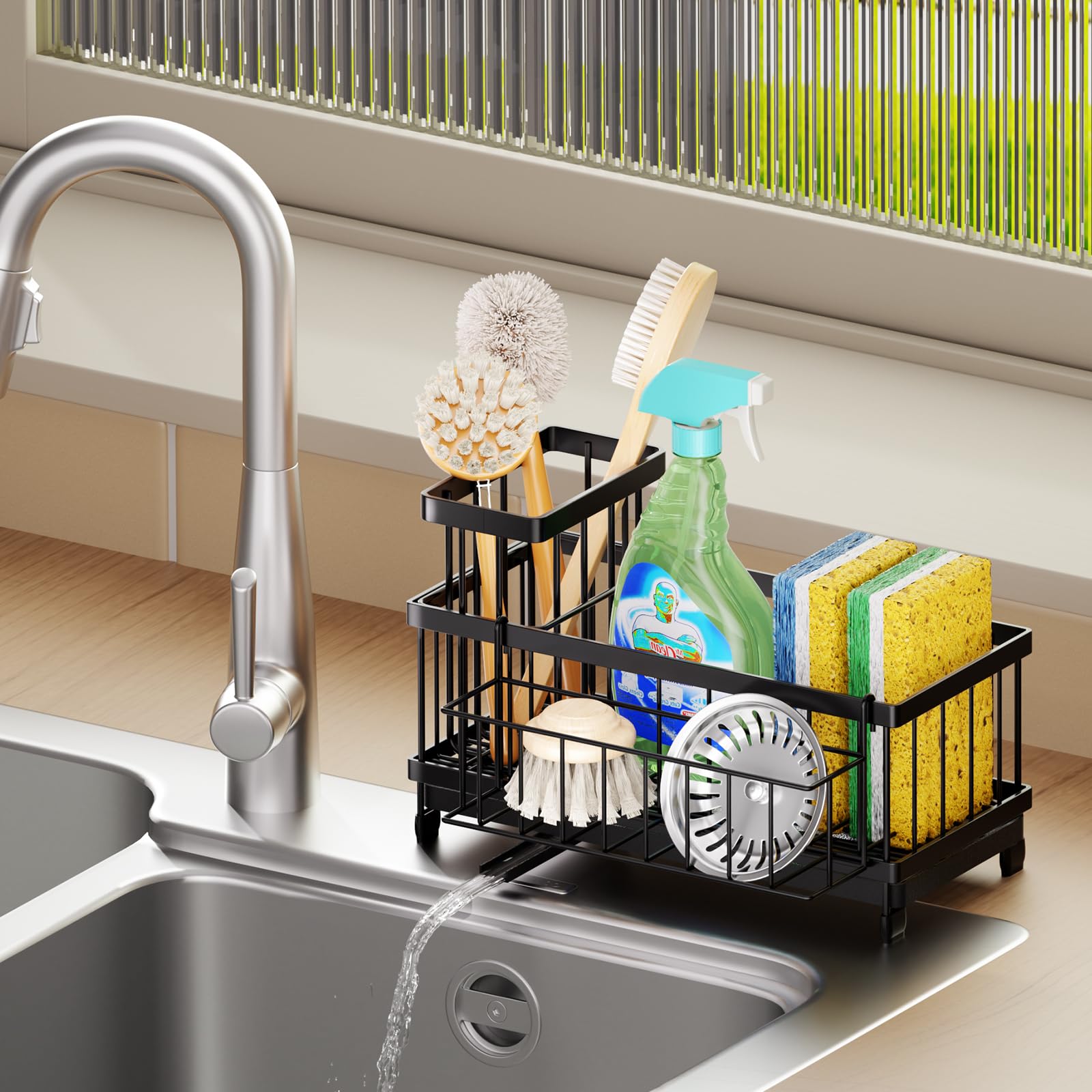 SWTYMIKI Sponge Holder for Kitchen Sink - Sink Caddy with Brush Holder Self-draining Sponge Caddy Organizer with Divider Stainless Steel Kitchen Accessories Storage for Countertop, Black