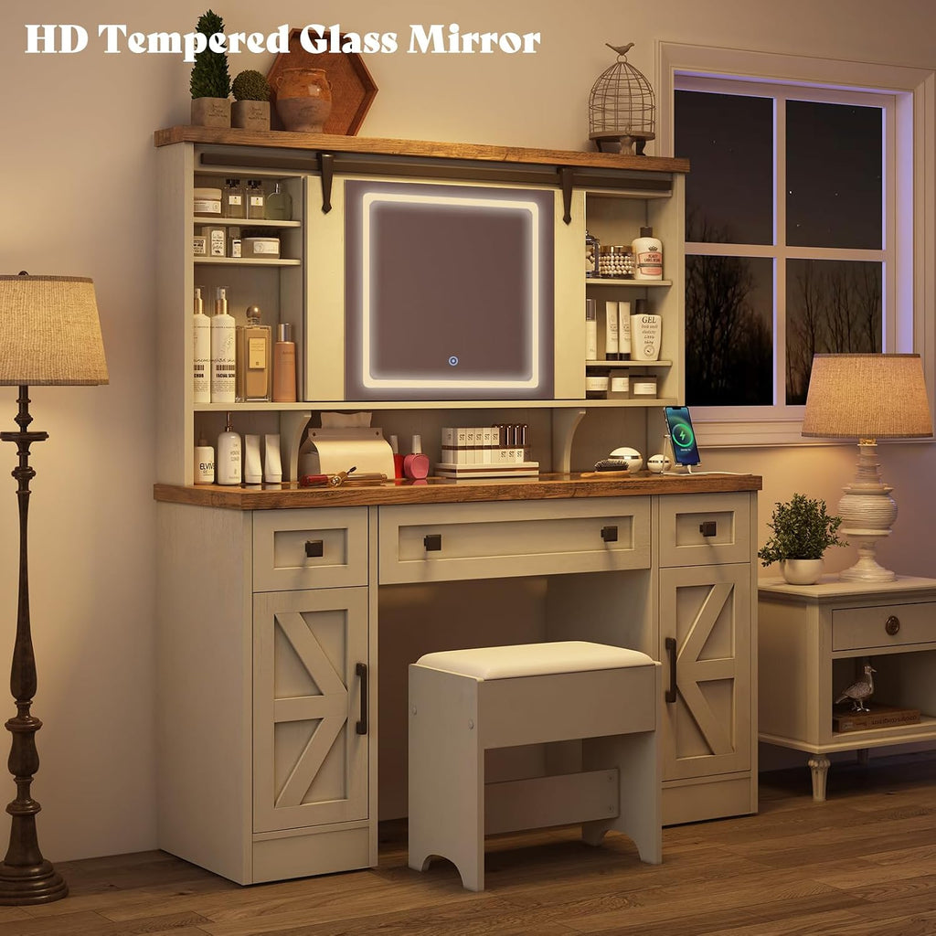 AMERLIFE 47.2" Farmhouse Vanity Desk with Mirror and Lights, Rustic Makeup Vanity Table with Charging Station, Vanity Set with Stool & Storage, LED Sliding Mirror & Glass Top, Antique White Finish