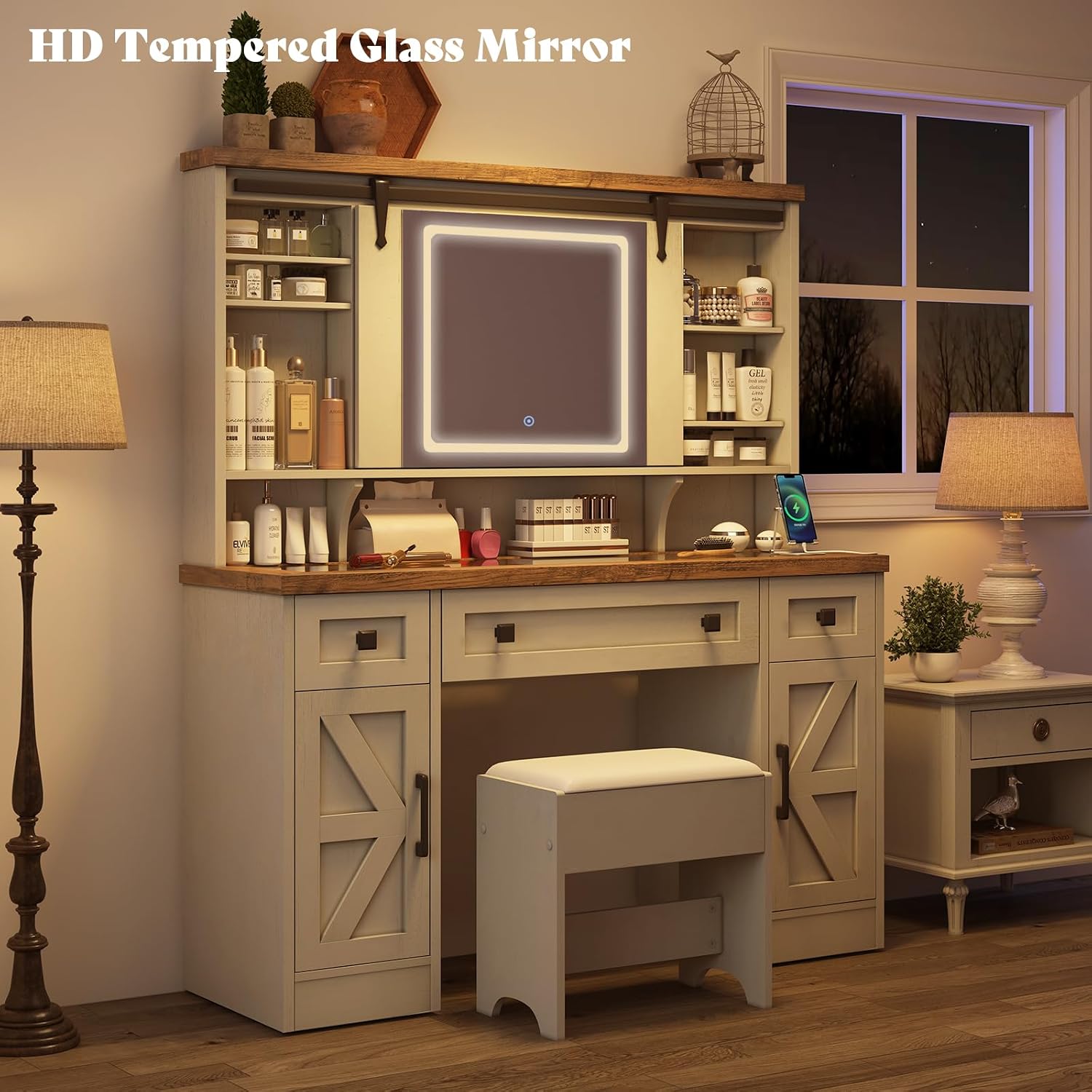 AMERLIFE 47.2" Farmhouse Vanity Desk with Mirror and Lights, Rustic Makeup Vanity Table with Charging Station, Vanity Set with Stool & Storage, LED Sliding Mirror & Glass Top, Antique White Finish