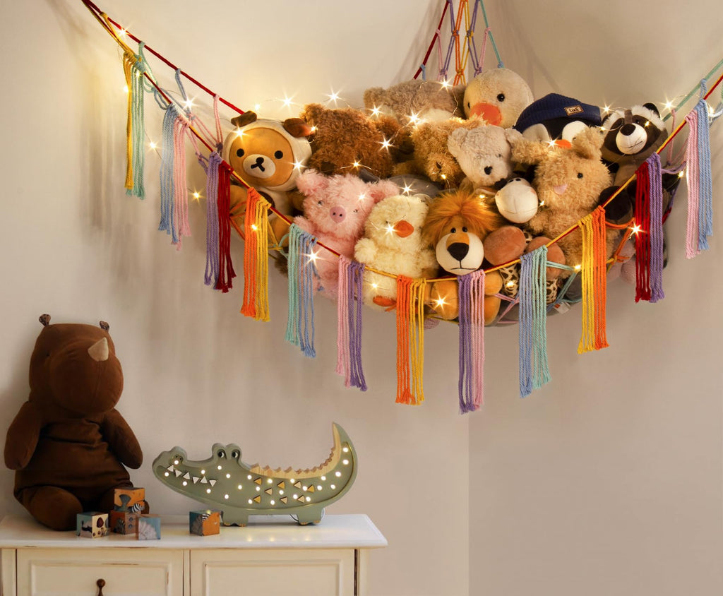 Stuffed Animal Hammock Corner with LED Light - Toy Storage Hammock Plushie Net Large - Cute Stuff Animals Holder Hanging Organizer - Baby Room Decor Kids Toddler Nursery Bedroom Boho
