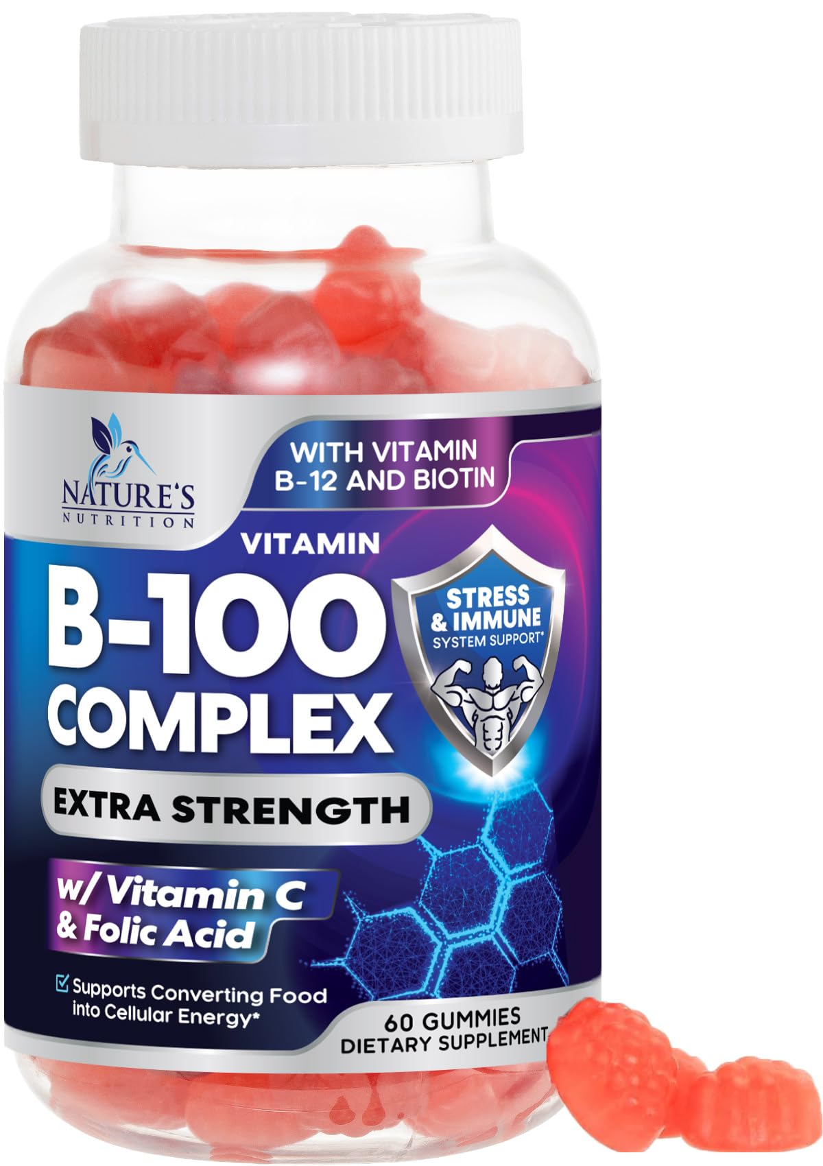 Vitamin B Complex Gummies - Extra Strength Super B Vitamin Gummy with Vitamin C, Immune Support for Men & Women - Energy and Brain Support Supplements with Folic Acid, Niacin, B6, B12 - 60 Gummies