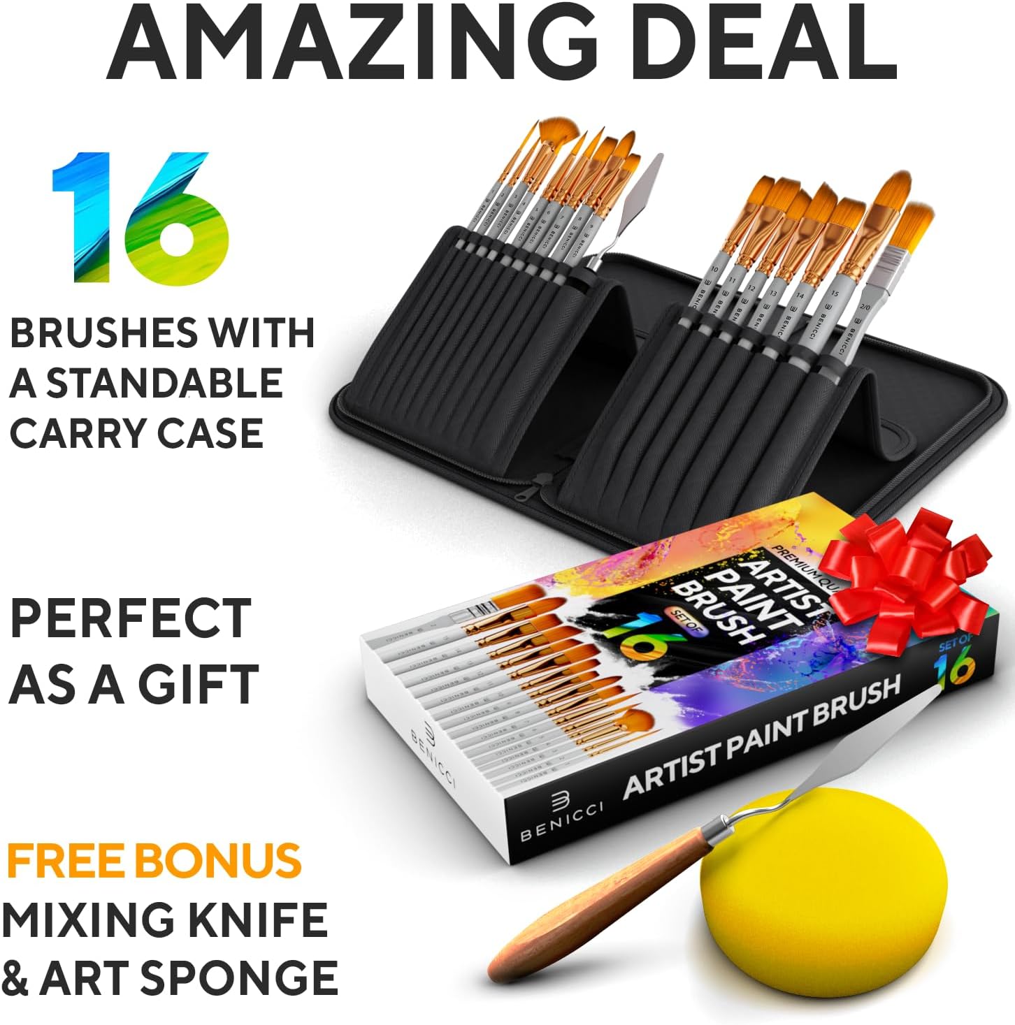 Artist Paint Brush Set of 16 - Includes Spatula Palette Knife, Sponge & Organizing Case - Premium Paint Brushes for Acrylic Painting, Watercolor, Oil - Perfect for Kids, Adults or Professionals