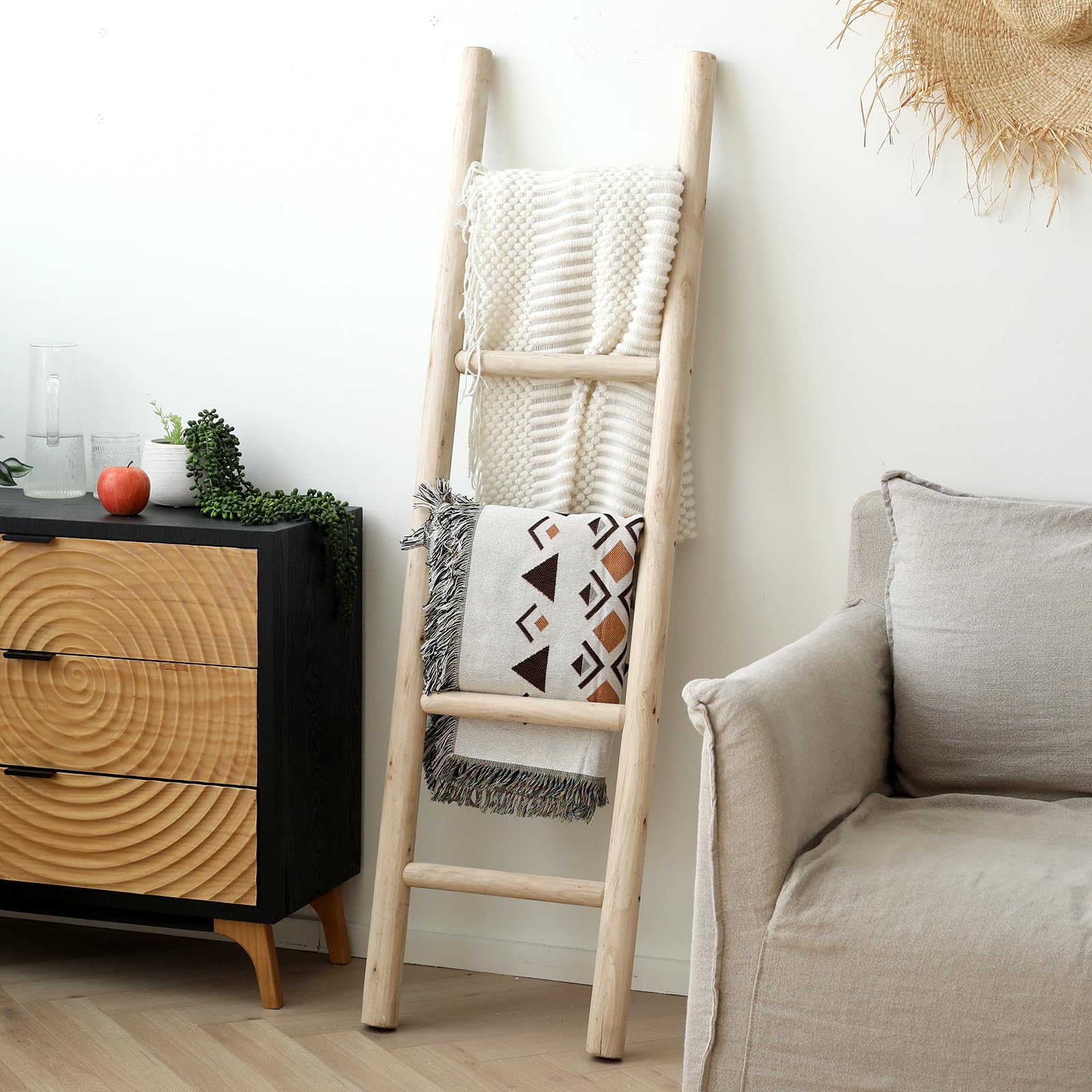 FUIN 57in Wood Blanket Ladder Living Room Decorative Wall Leaning Farmhouse Quilt Display Holder Rustic Wooden Towel Rack for Bathroom, Black
