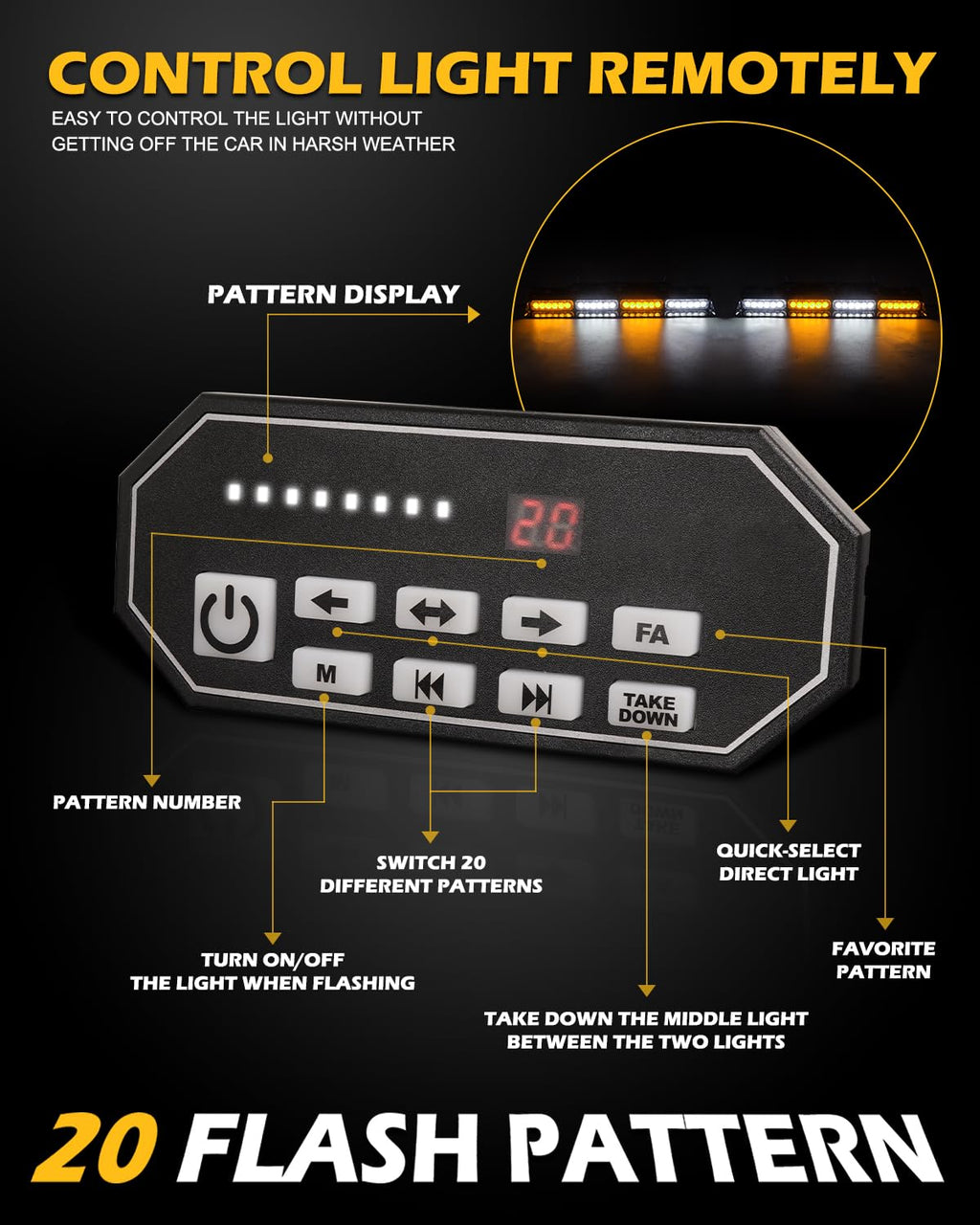 HLauto 604N Emergency Dash Strobe Lights: 2x16.8 inch Amber White Security Light w/Take Down, 48 LED Safety Flashing Warning Hazard Interior Windshield Light Bar for Truck Vehicle