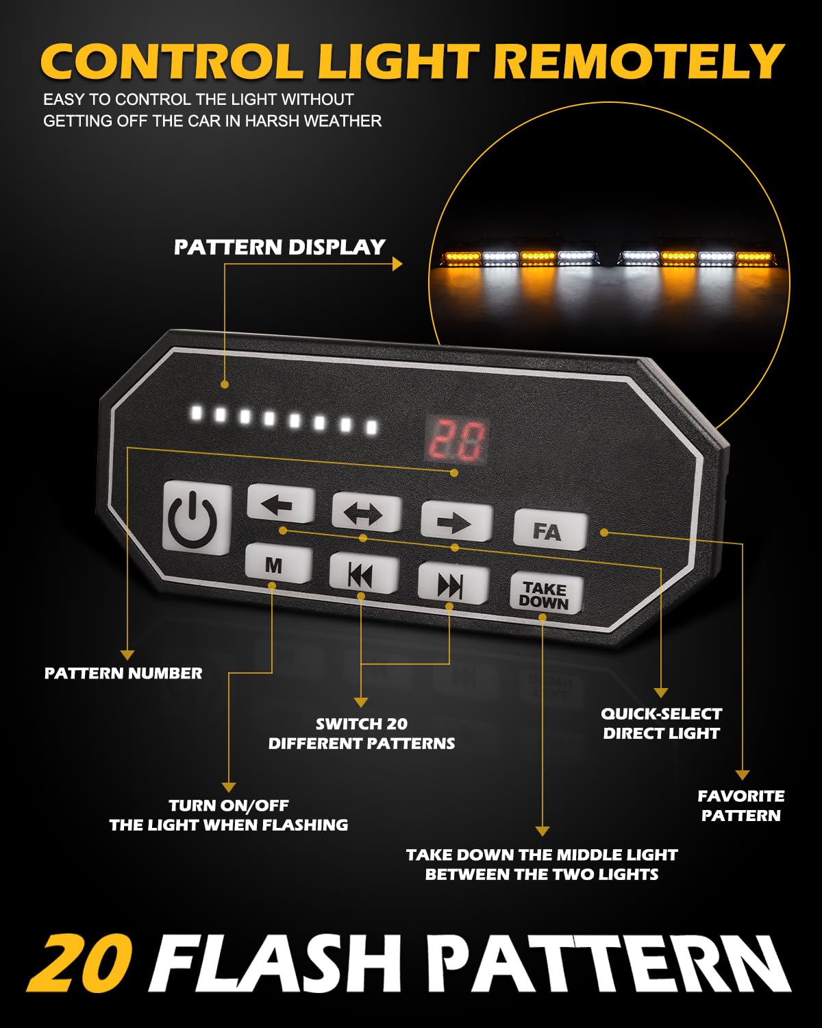 HLauto 604N Emergency Dash Strobe Lights: 2x16.8 inch Amber White Security Light w/Take Down, 48 LED Safety Flashing Warning Hazard Interior Windshield Light Bar for Truck Vehicle