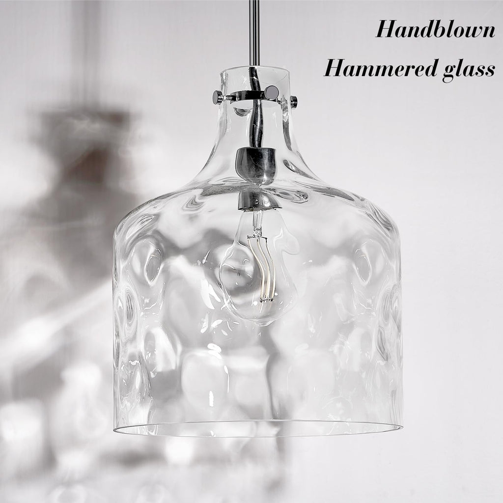 Glass Large Pendant Lights for Kitchen Island Blown Glass Pendant Light Clear Hammered Shade Hanging Ceiling Lights with Black Finish for for Kitchen Island, Sink, Hallway, Living Room 11 inch