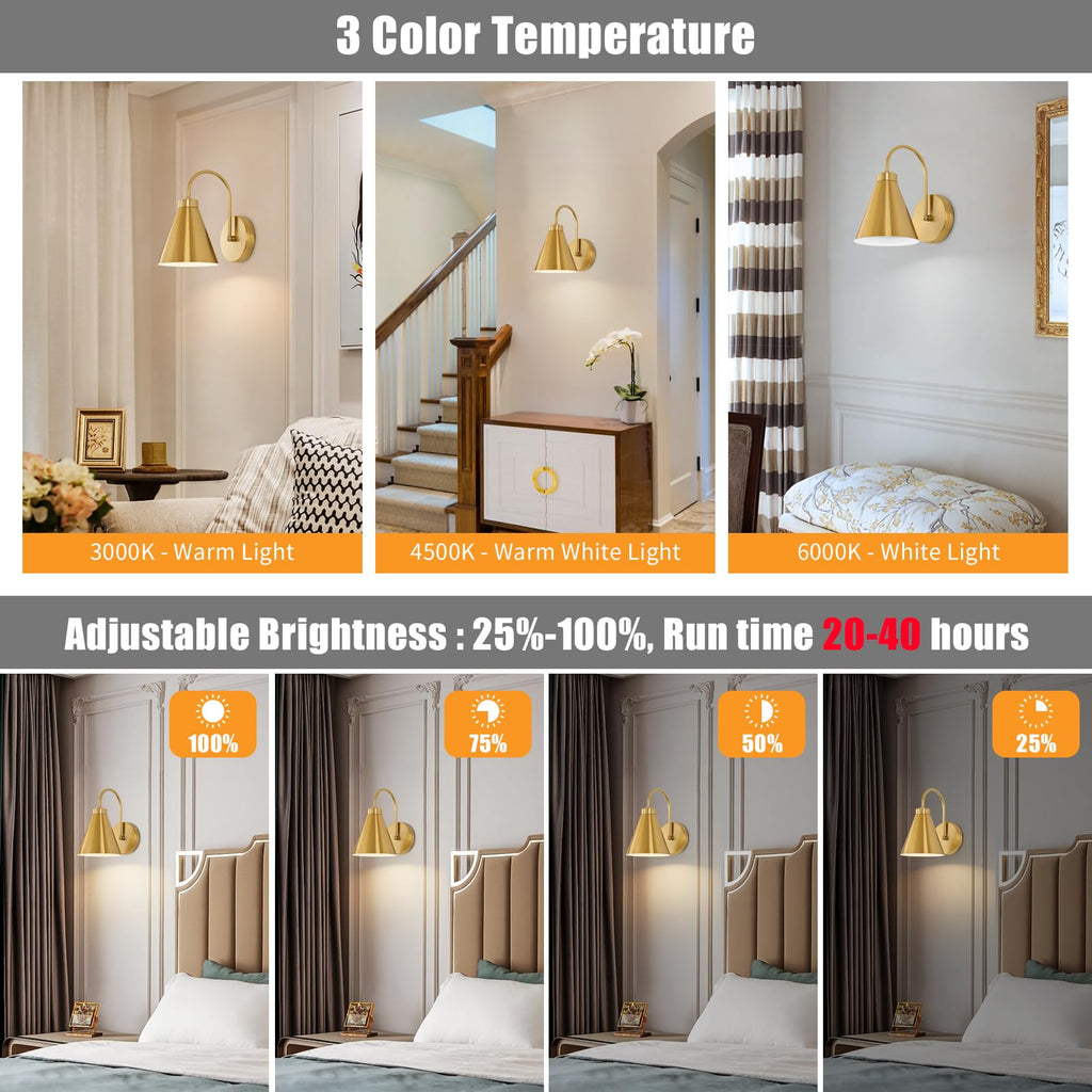Powfloven Vintage Rechargeable Wall Sconces Set of 2, Battery Operated Bedside Wall Lamps with Remote Control, Wireless Gooseneck Indoor LED Lights Fixture for Bedroom Hallway, Black