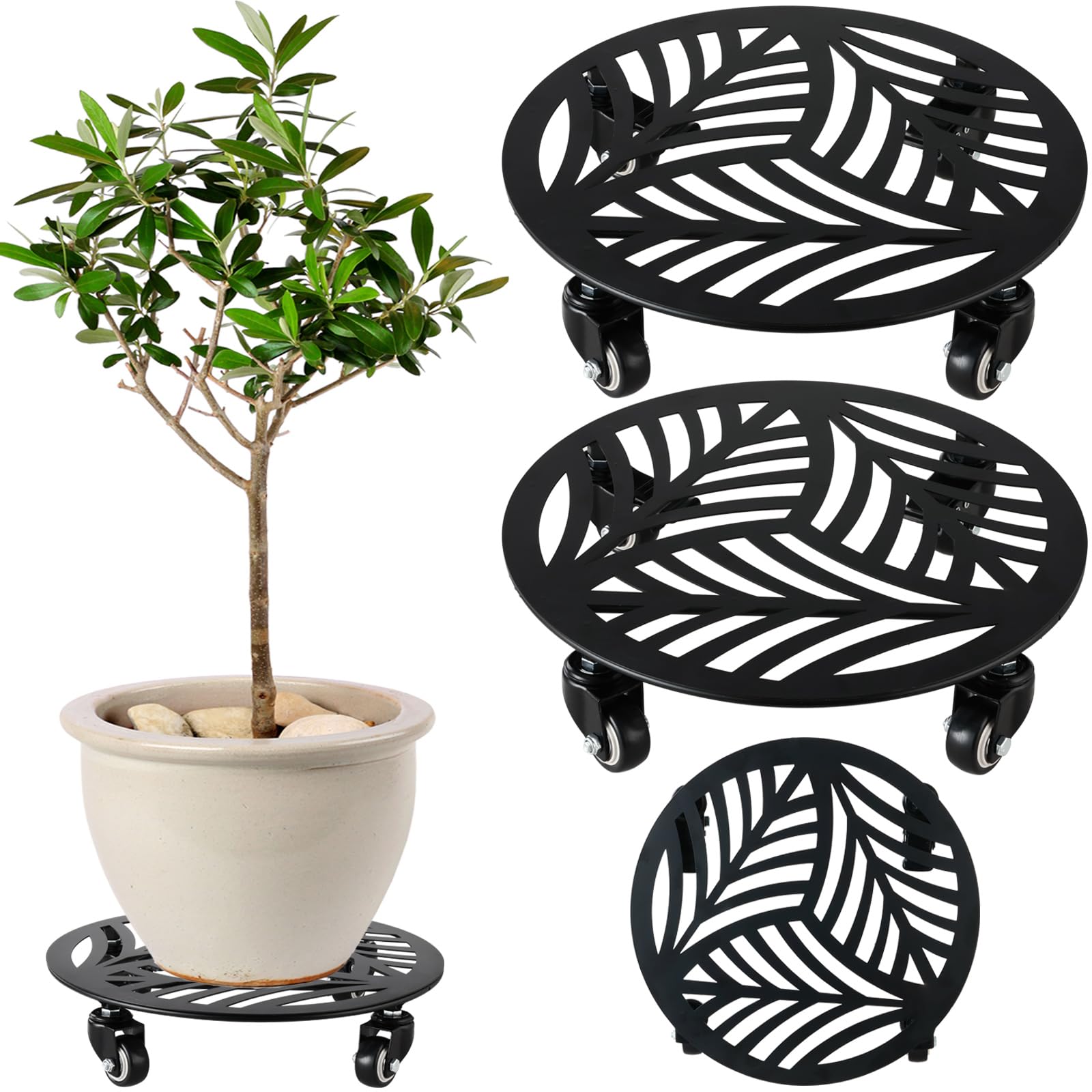 1 Pack 12 inches Large Metal Plant Caddy with 3 PU Metal Wheels Rolling Plant Stand with Casters Indoor Outdoor Wheeled Planter Roller Base Pot Movers Plant Dolly Coaster Trolley Black