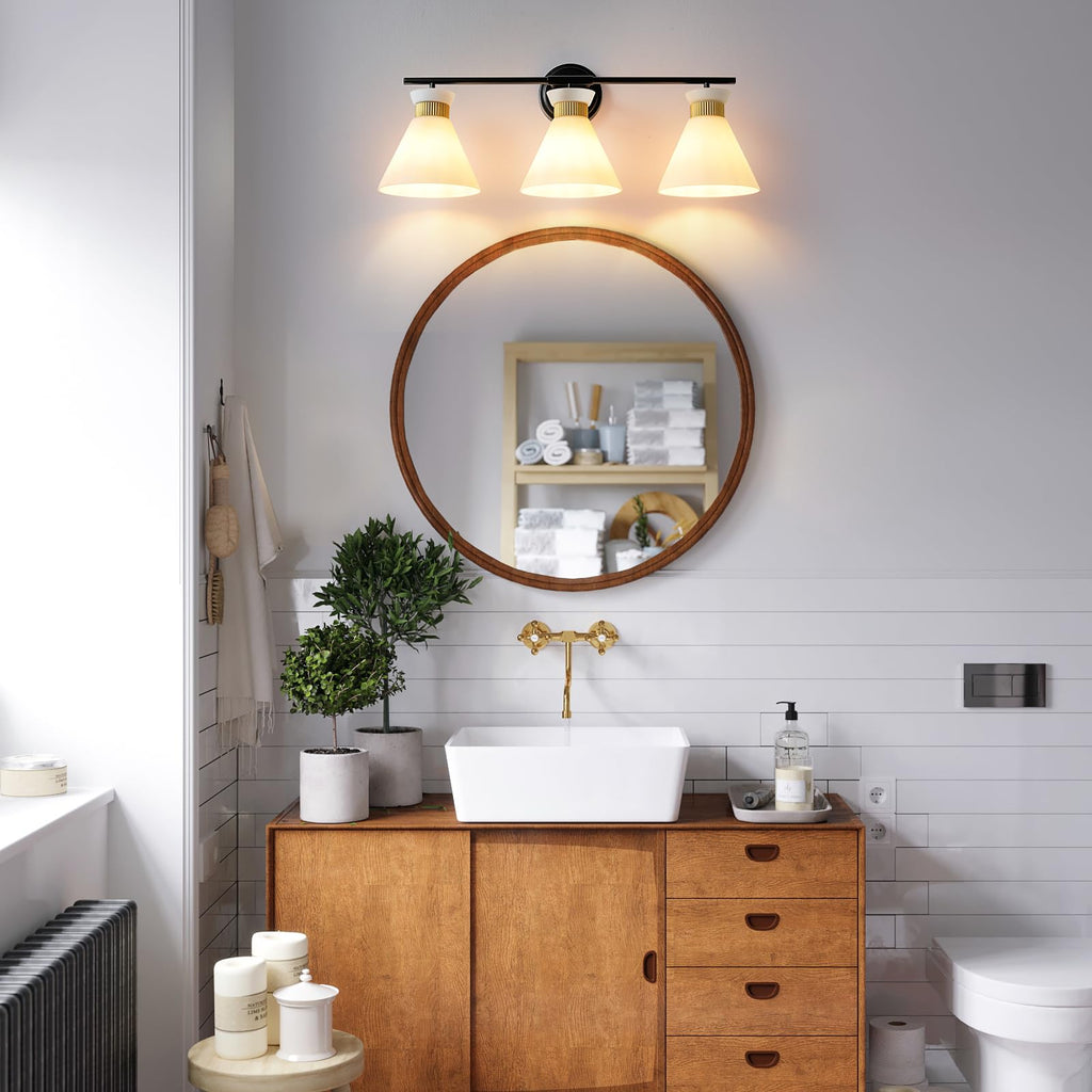 WOSHITU Gold Bathroom Light Fixtures: Modern Vanity Lighting Fixtures 2 Lights for Bathroom Mid Century Vanity Light Sconces Over Mirror with Frosted Milky Glass for Bath Bedroom Makeup