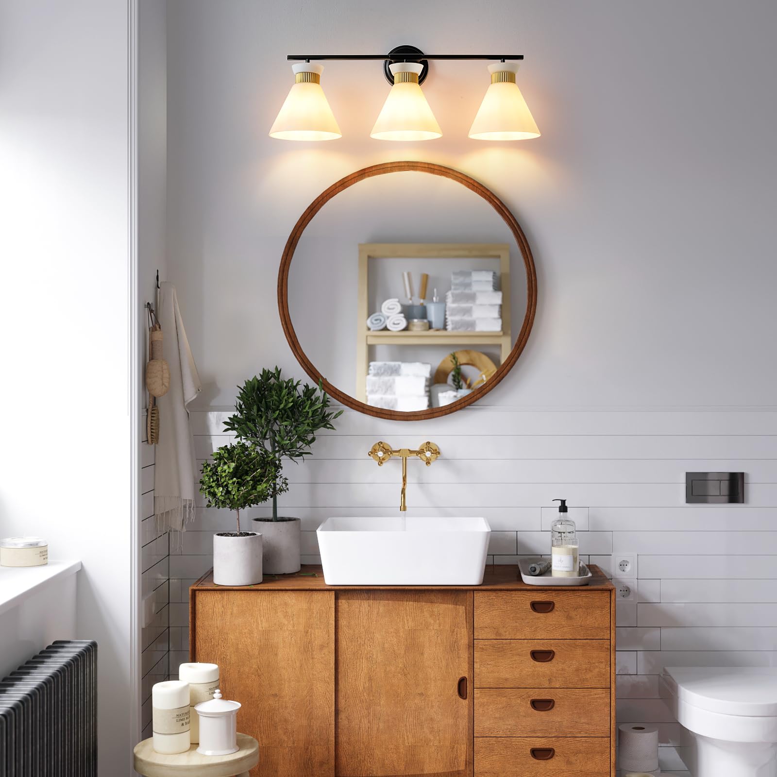 WOSHITU Gold Bathroom Light Fixtures: Modern Vanity Lighting Fixtures 2 Lights for Bathroom Mid Century Vanity Light Sconces Over Mirror with Frosted Milky Glass for Bath Bedroom Makeup